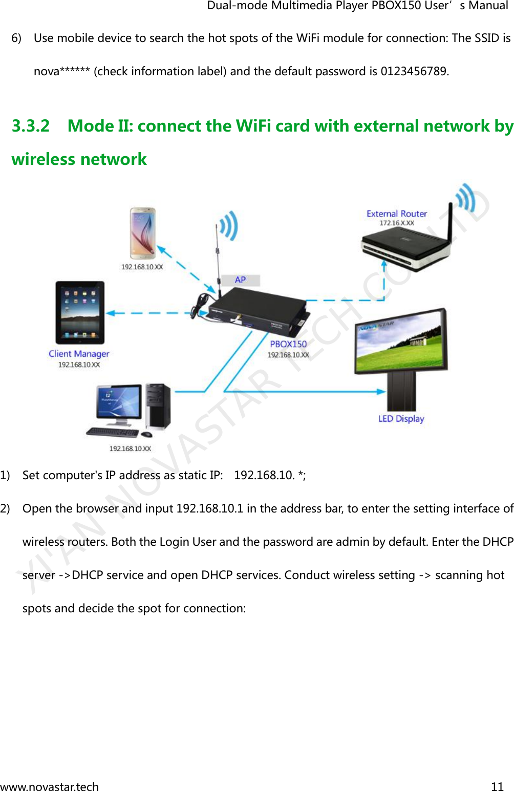                                   Dual-mode Multimedia Player PBOX150 User’s Manual www.novastar.tech                                                                      11  6) Use mobile device to search the hot spots of the WiFi module for connection: The SSID is nova****** (check information label) and the default password is 0123456789.  3.3.2 Mode II: connect the WiFi card with external network by wireless network  1) Set computer&apos;s IP address as static IP:    192.168.10. *;   2) Open the browser and input 192.168.10.1 in the address bar, to enter the setting interface of wireless routers. Both the Login User and the password are admin by default. Enter the DHCP server -&gt;DHCP service and open DHCP services. Conduct wireless setting -&gt; scanning hot spots and decide the spot for connection:   XI&apos;AN NOVASTAR TECH CO., LTD