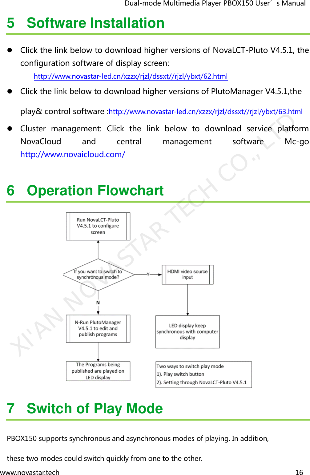                                   Dual-mode Multimedia Player PBOX150 User’s Manual www.novastar.tech                                                                      16  5  Software Installation  Click the link below to download higher versions of NovaLCT-Pluto V4.5.1, the configuration software of display screen: http://www.novastar-led.cn/xzzx/rjzl/dssxt//rjzl/ybxt/62.html    Click the link below to download higher versions of PlutoManager V4.5.1,the play&amp; control software :http://www.novastar-led.cn/xzzx/rjzl/dssxt//rjzl/ybxt/63.html   Cluster  management:  Click  the  link  below  to  download  service  platform NovaCloud  and  central  management  software  Mc-go http://www.novaicloud.com/    6  Operation Flowchart  7  Switch of Play Mode   PBOX150 supports synchronous and asynchronous modes of playing. In addition, these two modes could switch quickly from one to the other. XI&apos;AN NOVASTAR TECH CO., LTD