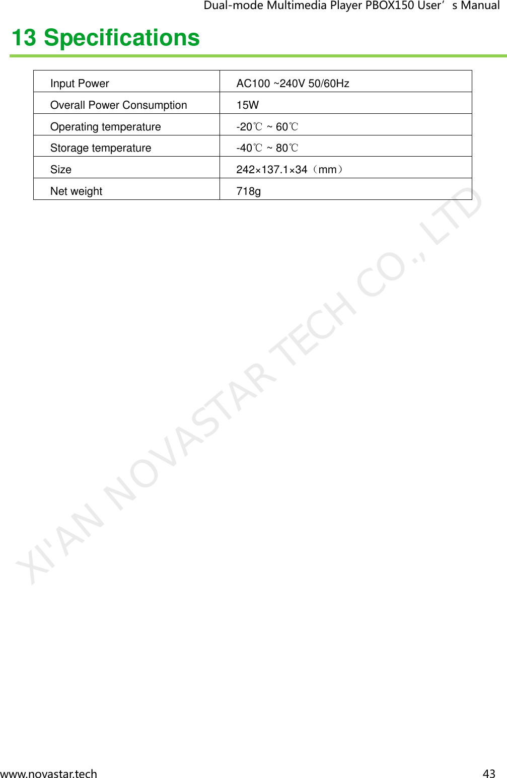                                   Dual-mode Multimedia Player PBOX150 User’s Manual www.novastar.tech                                                                      43  13 Specifications Input Power AC100 ~240V 50/60Hz Overall Power Consumption 15W Operating temperature -20℃ ~ 60℃ Storage temperature -40℃ ~ 80℃ Size 242×137.1×34（mm） Net weight 718g  XI&apos;AN NOVASTAR TECH CO., LTD