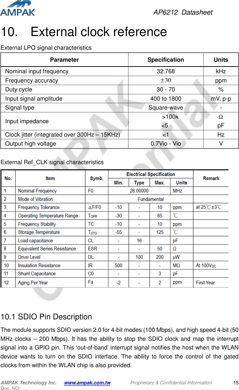 AP6212  Datasheet AMPAK Technology Inc.      www.ampak.com.tw        Proprietary &amp; Confidential Information       Doc. NO:   1510.    External clock reference External LPO signal characteristics Parameter  Specification  Units Nominal input frequency  32.768  kHz Frequency accuracy  30± ppm Duty cycle  30 - 70  % Input signal amplitude  400 to 1800 mV, p-p Signal type  Square-wave  - Input impedance        &gt;100k &lt;5   Ω pF Clock jitter (integrated over 300Hz – 15KHz)  &lt;1  Hz Output high voltage  0.7Vio - Vio  V  External Ref_CLK signal characteristics    10.1 SDIO Pin Description The module supports SDIO version 2.0 for 4-bit modes (100 Mbps), and high speed 4-bit (50 MHz clocks  –  200 Mbps). It has  the  ability to  stop  the  SDIO  clock and map  the  interrupt signal into a GPIO pin. This ‘out-of-band’ interrupt signal notifies the host when the WLAN device  wants  to  turn  on  the  SDIO  interface.  The  ability  to  force  the  control  of  the  gated clocks from within the WLAN chip is also provided. 