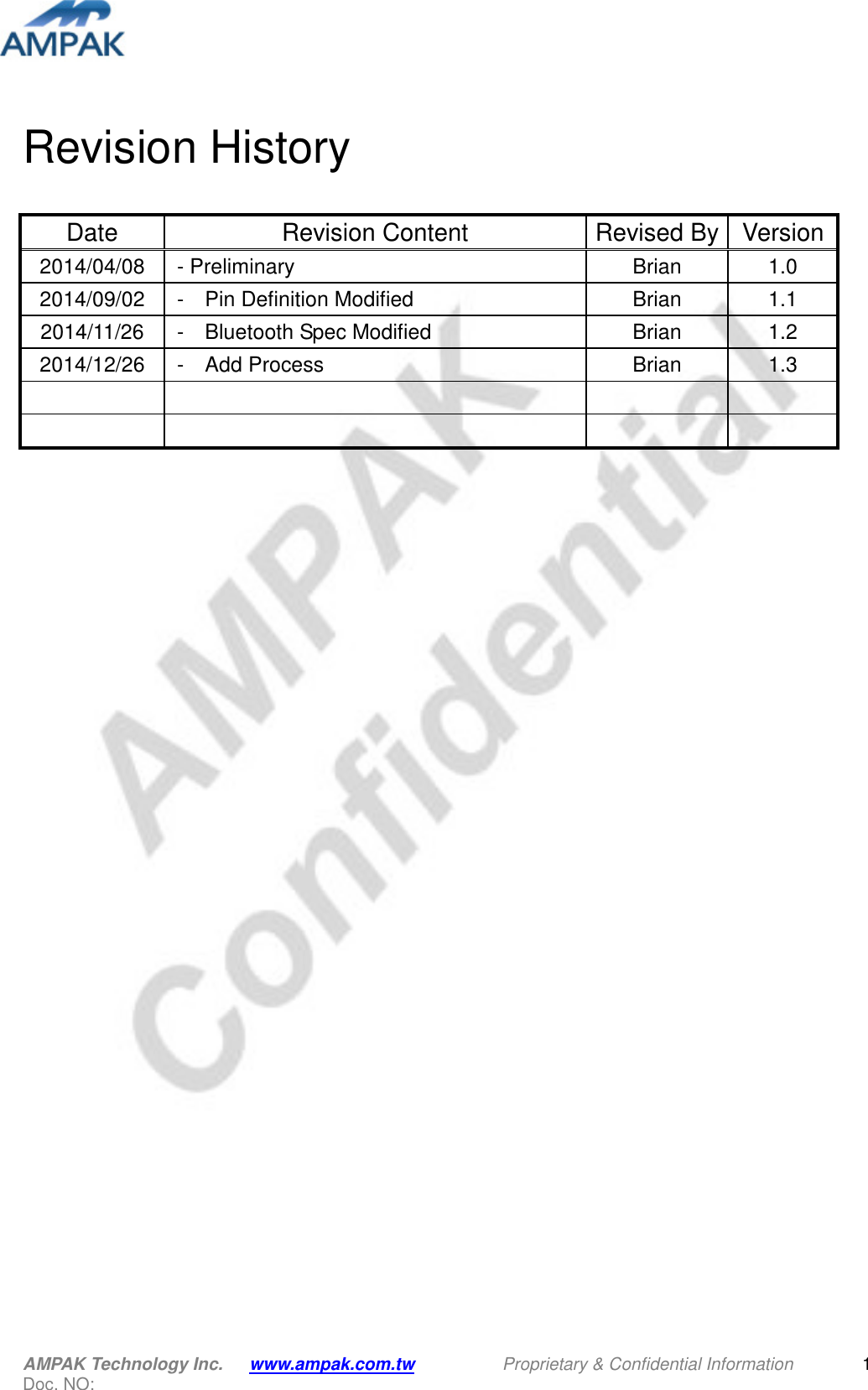  AMPAK Technology Inc.      www.ampak.com.tw          Proprietary &amp; Confidential Information   Doc. NO:                                                             1 Revision History                               Date  Revision Content  Revised By Version 2014/04/08   - Preliminary  Brian  1.0 2014/09/02   -    Pin Definition Modified  Brian  1.1 2014/11/26   -    Bluetooth Spec Modified  Brian  1.2 2014/12/26   -    Add Process  Brian  1.3               