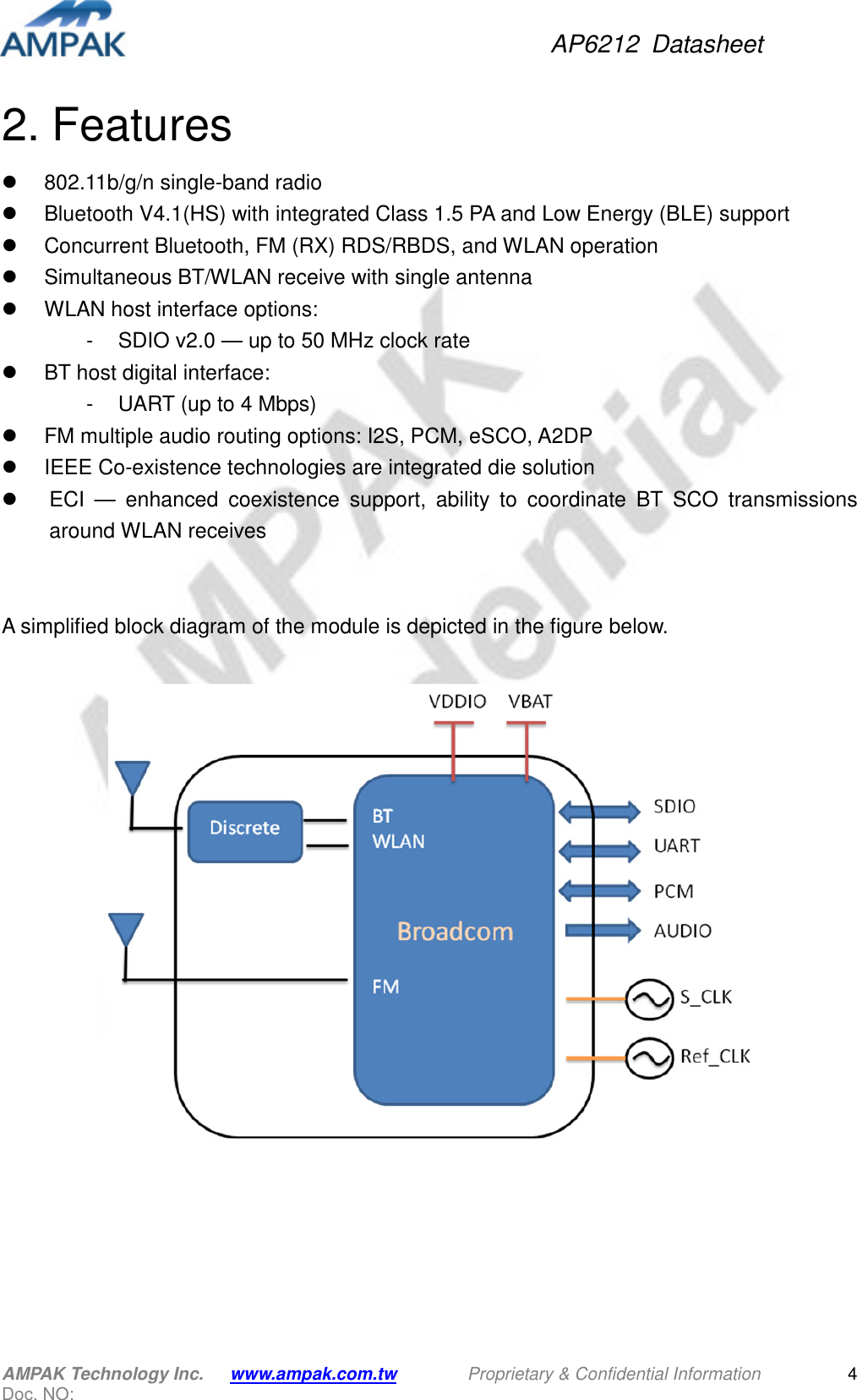 AP6212  Datasheet AMPAK Technology Inc.      www.ampak.com.tw        Proprietary &amp; Confidential Information       Doc. NO:   4 2. Features   802.11b/g/n single-band radio     Bluetooth V4.1(HS) with integrated Class 1.5 PA and Low Energy (BLE) support   Concurrent Bluetooth, FM (RX) RDS/RBDS, and WLAN operation   Simultaneous BT/WLAN receive with single antenna   WLAN host interface options: -  SDIO v2.0 — up to 50 MHz clock rate   BT host digital interface: -  UART (up to 4 Mbps)   FM multiple audio routing options: I2S, PCM, eSCO, A2DP   IEEE Co-existence technologies are integrated die solution   ECI  —  enhanced  coexistence  support,  ability  to  coordinate  BT  SCO  transmissions around WLAN receives   A simplified block diagram of the module is depicted in the figure below.     