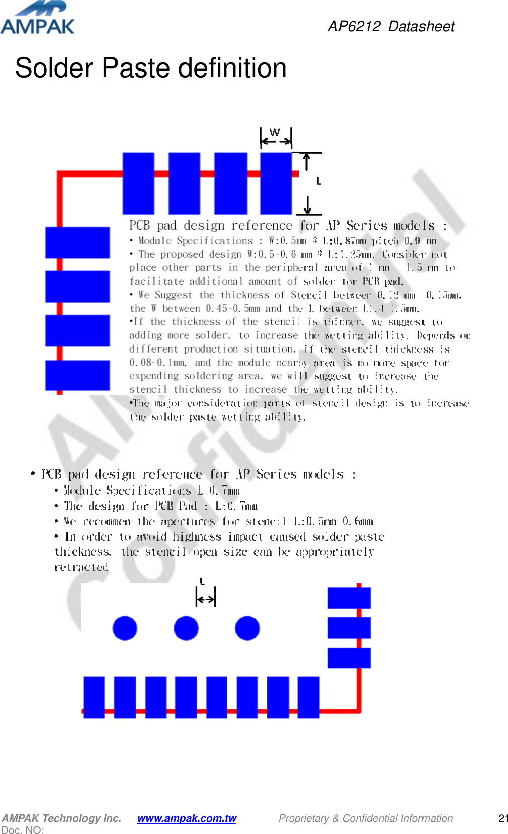 AP6212  Datasheet AMPAK Technology Inc.      www.ampak.com.tw        Proprietary &amp; Confidential Information       Doc. NO:   21Solder Paste definition       