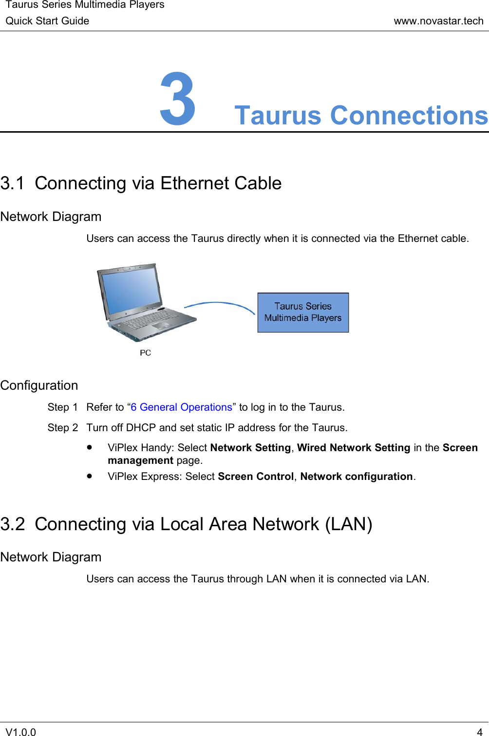 Taurus Series Multimedia PlayersQuick Start Guidewww.novastar.techV1.0.043Taurus Connections3.1 Connecting via Ethernet CableNetwork DiagramUsers can access the Taurus directly when it is connected via the Ethernet cable.ConfigurationStep 1 Refer to “6 General Operations” to log in to the Taurus.Step 2 Turn off DHCP and set static IP address for the Taurus.ViPlex Handy: Select Network Setting,Wired Network Setting in the Screenmanagement page.ViPlex Express: Select Screen Control,Network configuration.3.2 Connecting via Local Area Network (LAN)Network DiagramUsers can access the Taurus through LAN when it is connected via LAN.