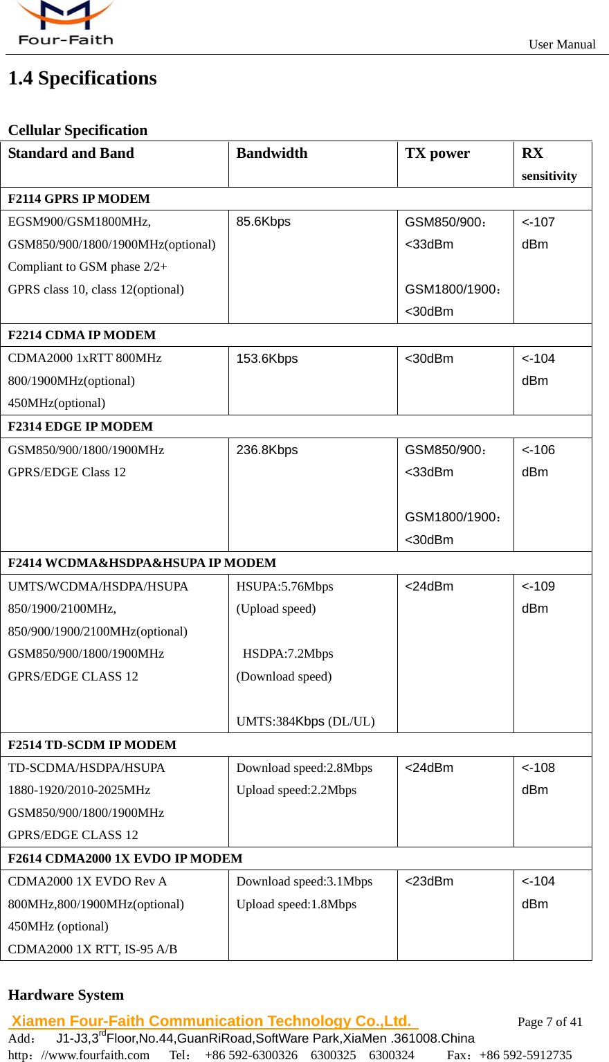                                                           User Manual                       Xiamen Four-Faith Communication Technology Co.,Ltd.              Page 7 of 41     Add：  J1-J3,3rdFloor,No.44,GuanRiRoad,SoftWare Park,XiaMen .361008.China                                    http：//www.fourfaith.com   Tel： +86 592-6300326  6300325  6300324     Fax：+86 592-5912735  1.4 Specifications Cellular Specification Standard and Band Bandwidth TX power RX sensitivity F2114 GPRS IP MODEM EGSM900/GSM1800MHz, GSM850/900/1800/1900MHz(optional) Compliant to GSM phase 2/2+ GPRS class 10, class 12(optional) 85.6Kbps  GSM850/900：<33dBm  GSM1800/1900：<30dBm <-107 dBm F2214 CDMA IP MODEM CDMA2000 1xRTT 800MHz 800/1900MHz(optional) 450MHz(optional) 153.6Kbps <30dBm <-104 dBm F2314 EDGE IP MODEM GSM850/900/1800/1900MHz GPRS/EDGE Class 12 236.8Kbps  GSM850/900：<33dBm  GSM1800/1900：<30dBm <-106 dBm F2414 WCDMA&amp;HSDPA&amp;HSUPA IP MODEM UMTS/WCDMA/HSDPA/HSUPA 850/1900/2100MHz, 850/900/1900/2100MHz(optional) GSM850/900/1800/1900MHz GPRS/EDGE CLASS 12 HSUPA:5.76Mbps (Upload speed)   HSDPA:7.2Mbps (Download speed)  UMTS:384Kbps (DL/UL) <24dBm <-109 dBm F2514 TD-SCDM IP MODEM TD-SCDMA/HSDPA/HSUPA 1880-1920/2010-2025MHz GSM850/900/1800/1900MHz GPRS/EDGE CLASS 12 Download speed:2.8Mbps Upload speed:2.2Mbps <24dBm <-108 dBm F2614 CDMA2000 1X EVDO IP MODEM CDMA2000 1X EVDO Rev A 800MHz,800/1900MHz(optional) 450MHz (optional) CDMA2000 1X RTT, IS-95 A/B Download speed:3.1Mbps Upload speed:1.8Mbps <23dBm <-104 dBm  Hardware System 