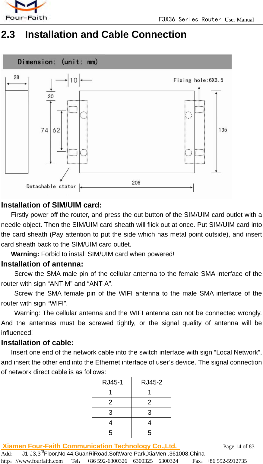                                      F3X36 Series Router User Manual                        Xiamen Four-Faith Communication Technology Co.,Ltd.              Page 14 of 83     Add：  J1-J3,3rdFloor,No.44,GuanRiRoad,SoftWare Park,XiaMen .361008.China                                    http：//www.fourfaith.com   Tel： +86 592-6300326  6300325  6300324     Fax：+86 592-5912735  2.3    Installation and Cable Connection  Installation of SIM/UIM card: Firstly power off the router, and press the out button of the SIM/UIM card outlet with a needle object. Then the SIM/UIM card sheath will flick out at once. Put SIM/UIM card into the card sheath (Pay attention to put the side which has metal point outside), and insert card sheath back to the SIM/UIM card outlet. Warning: Forbid to install SIM/UIM card when powered! Installation of antenna:                    Screw the SMA male pin of the cellular antenna to the female SMA interface of the router with sign &ldquo;ANT-M&rdquo; and &ldquo;ANT-A&rdquo;. Screw the SMA female pin of the WIFI antenna to the male SMA interface of the router with sign &ldquo;WIFI&rdquo;. Warning: The cellular antenna and the WIFI antenna can not be connected wrongly. And the antennas must be screwed tightly, or the signal quality of antenna will be influenced! Installation of cable: Insert one end of the network cable into the switch interface with sign &ldquo;Local Network&rdquo;, and insert the other end into the Ethernet interface of user&rsquo;s device. The signal connection of network direct cable is as follows: RJ45-1 RJ45-2 1 1 2 2 3 3 4 4 5 5 