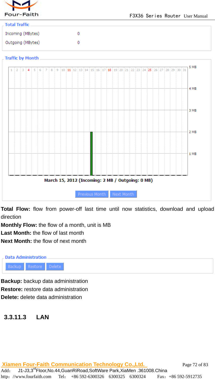                                      F3X36 Series Router User Manual                        Xiamen Four-Faith Communication Technology Co.,Ltd.              Page 72 of 83     Add：  J1-J3,3rdFloor,No.44,GuanRiRoad,SoftWare Park,XiaMen .361008.China                                    http：//www.fourfaith.com   Tel： +86 592-6300326  6300325  6300324     Fax：+86 592-5912735   Total Flow: flow from power-off last time until now statistics, download and upload direction Monthly Flow: the flow of a month, unit is MB Last Month: the flow of last month Next Month: the flow of next month   Backup: backup data administration Restore: restore data administration Delete: delete data administration  3.3.11.3  LAN 