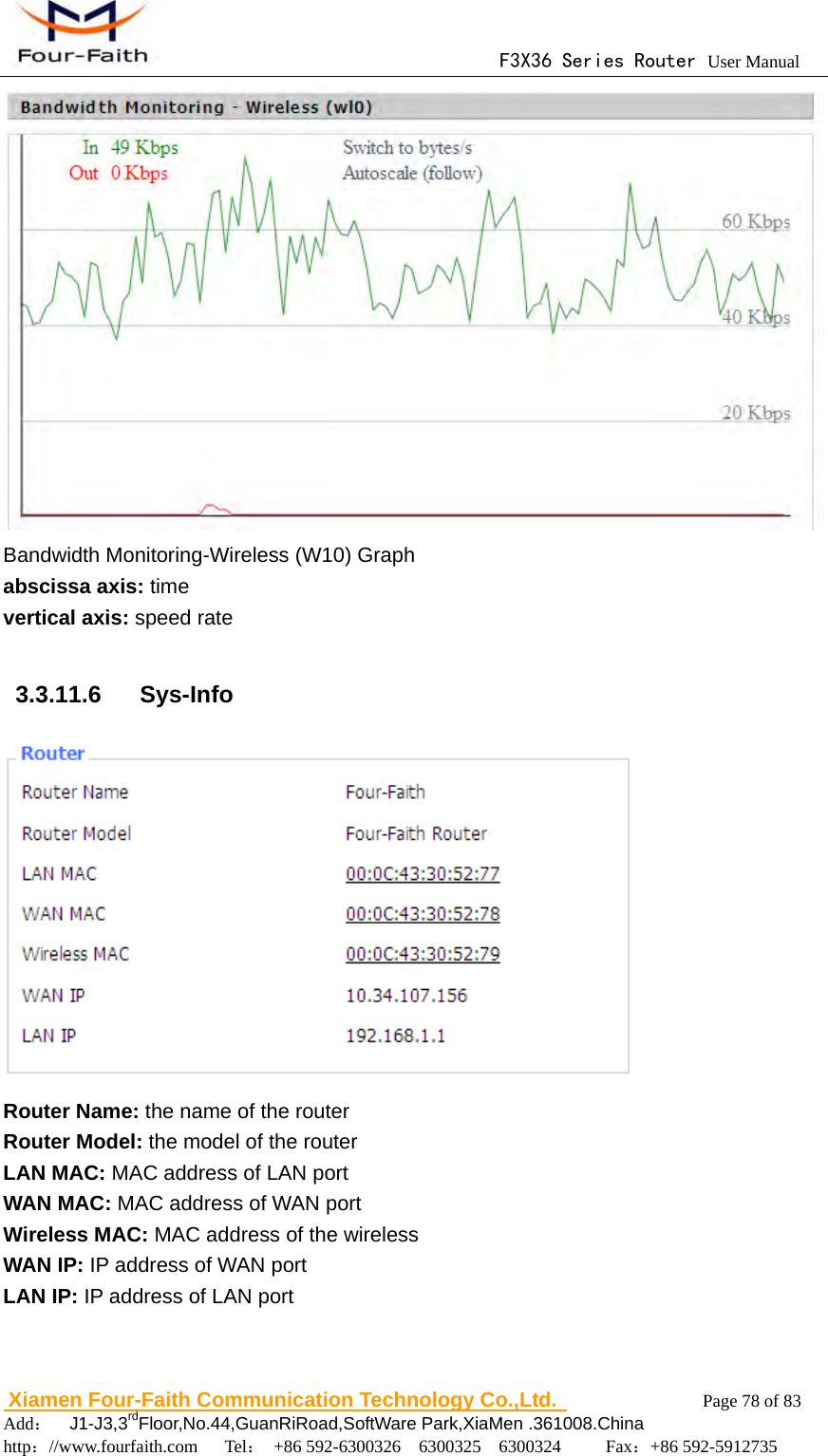                                      F3X36 Series Router User Manual                        Xiamen Four-Faith Communication Technology Co.,Ltd.              Page 78 of 83     Add：  J1-J3,3rdFloor,No.44,GuanRiRoad,SoftWare Park,XiaMen .361008.China                                    http：//www.fourfaith.com   Tel： +86 592-6300326  6300325  6300324     Fax：+86 592-5912735   Bandwidth Monitoring-Wireless (W10) Graph abscissa axis: time vertical axis: speed rate  3.3.11.6  Sys-Info  Router Name: the name of the router Router Model: the model of the router LAN MAC: MAC address of LAN port WAN MAC: MAC address of WAN port Wireless MAC: MAC address of the wireless WAN IP: IP address of WAN port LAN IP: IP address of LAN port 