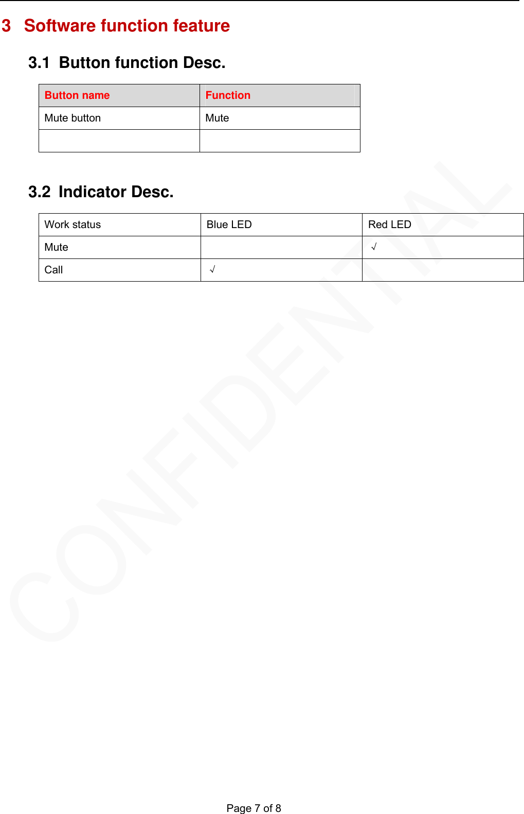   Page 7 of 8 3  Software function feature   3.1  Button function Desc. Button name  Function Mute button  Mute    3.2 Indicator Desc.  Work status  Blue LED  Red LED Mute   &radic; Call  &radic;  