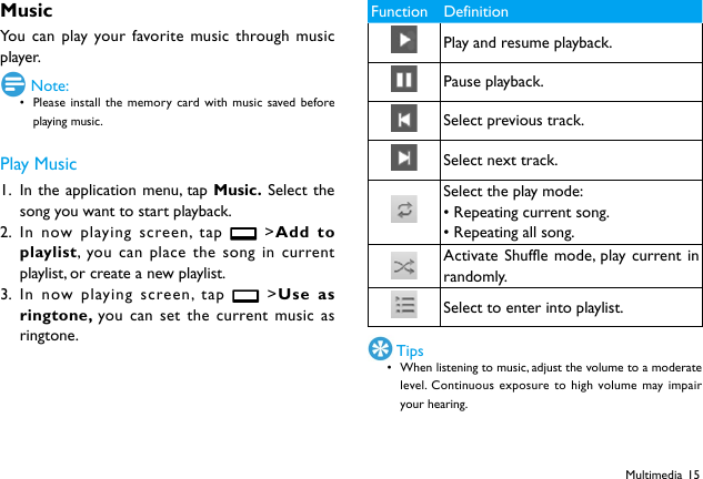 15MultimediaMusicYou can play your favorite music through music player. Note:&bull; Please install the memory card with music saved before playing music.Play Music1.  In the application menu, tap Music. Select the song you want to start playback.2.  In now playing screen, tap   >Add to playlist, you can place the song in current playlist, or create a new playlist.3.  In now playing screen, tap   >Use as ringtone,  you can set the current music as ringtone.Function DefinitionPlay and resume playback.Pause playback.Select previous track.Select next track.Select the play mode:&bull;Repeatingcurrentsong.&bull;Repeatingallsong.Activate Shuffle mode, play current in randomly.Select to enter into playlist. Tips&bull; When listening to music, adjust the volume to a moderate level. Continuous exposure to high volume may impair your hearing.