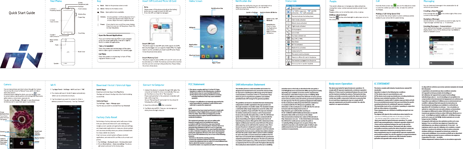 FCC Statement1. This device complies with Part 15 of the FCC Rules.     Operation is subject to the following two conditions:    (1) This device may not cause harmful interference.    (2) This device must accept any interference received,           including interference that may cause undesired           operation.2. Changes or modications not expressly approved by the     party responsible for compliance could void the user's     authority to operate the equipment.NOTE: This equipment has been tested and found to comply with the limits for a Class B digital device, pursuant to Part 15 of the FCC Rules. These limits are designed to provide reasonable protection against harmful interference in a residential installation.This equipment generates uses and can radiate radio frequency energy and, if not installed and used in accordance with the instructions, may cause harmful interference to radio communications. However, there is no guarantee that interference will not occur in a particular installation. If this equipment does cause harmful interference to radio or television reception, which can be determined by turning the equipment o and on, the user is encouraged to try to correct the interference by one or more of the following measures:- Reorient or relocate the receiving antenna.- Increase the separation between the equipment and receiver.- Connect the equipment into an outlet on a circuit dierent from   that to which the receiver is connected. - Consult the dealer or an experienced radio/TV technician for help.SAR Information StatementYour wireless phone is a radio transmitter and receiver. It is designed and manufactured not to exceed the emission limits for exposure to radiofrequency (RF) energy set by the Federal Communications Commission of the U.S. Government. These limits are part of comprehensive guidelines and establish permitted levels of RF energy for the general population. The guidelines are based on standards that were developed by independent scientic organizations through periodic and thorough evaluation of scientic studies. The standards include a substantial safety margin designed to assure the safety of all persons, regardless of age and health. The exposure standard for wireless mobile phones employs a unit of measurement known as the Specic Absorption Rate, or SAR. The SAR limit set by the FCC is 1.6 W/kg. * Tests for SAR are conducted with the phone transmitting at its highest certied power level in all tested frequency bands. Although the SAR is determined at the highest certied power level, the actual SAR level of the phone while operating can be well below the maximum value. This is because the phone is designed to operate at multiple power levels so as to use only the power required to reach the network. In general, the closer you are to a wireless base station antenna, the lower the power output. Before a phone model is available for sale to the public, it must be tested and certied to the FCC that it does not exceed the limit established by the government adopted requirement for safe exposure. The tests are performed in positions and locations (e.g., at the ear and worn on the body) as required by the FCC for each model. The highest SAR value for this model phone when tested for use at the ear is 0.252W/Kg and when worn on the body, as described in this user guide, is 0.421W/Kg(Body-worn measurements der among phone models, depending upon available accessories and FCC requirements). The maximum scaled SAR in hotspot mode is 0.764W/Kg. While there may be dierences between the SAR levels of various phones and at various positions, they all meet the government requirement for safe exposure. The FCC has granted an Equipment Authorization for this model phone with all reported SAR levels evaluated as in compliancewith the FCC RFexposure guidelines. SAR information on this model phone is on le with the FCC and can be found under the Display Grant section of http://www.fcc.gov/ oet/fccid after searching onFCC ID: Z5JREACH-Q887R Additional information on Specic Absorption Rates (SAR) can be found on the Cellular Telecommunications Industry Asso-ciation (CTIA) web-site at http://www.wow-com.com. * In the United States and Canada, the SAR limit for mobile phones used by the public is 1.6 watts/kg (W/kg) averaged over one gram of tissue. The standard incorporates a sub-stantial margin of safety to give additional protection for the public and to account for any variations in measurements. Body-worn OperationThis device was tested for typical body-worn operations. To comply with RF exposure requirements, a minimum separation distance of 15mm must be maintained between the user&rsquo;s body and the handset, including the antenna. Third-party belt-clips, holsters, and similar accessories used by this device should not contain any metallic components. Body-worn accessories that do not meet these requirements may not comply with RF exposure requirements and should be avoided. Use only the supplied or an approved antenna. Ce dispositif est conforme aux normes autoriser-exemptes du Canada RSS d'industrieL'exploitation est autoris&eacute;e aux deux conditions suivantes :(1) l'appareil ne doit pas produire de brouillage, et(2) l'utilisateur de l'appareil doit accepter tout brouillage radio&eacute;lectrique subi, m&ecirc;me si le brouillage est susceptible d'en compromettre le fonctionnement.Cet &eacute;quipement est conforme avec l'exposition aux radiations IC d&eacute;nies pour un environnement non contr&ocirc;l&eacute;. L'utilisateur nal doit respecter les instructions de fonctionnement sp&eacute;ciques pour satisfaire la conformit&eacute; aux expositions RF. Cet &eacute;metteur ne doit pas &ecirc;tre co-localis&eacute;es ou op&eacute;rant en conjonction avec une autre antenne ou transmetteur.Ces exigences d&eacute;nissent la valeur SAR limite &agrave; xxx W / kg en moyenne par gramme de tissu.La valeur SAR la plus &eacute;lev&eacute;e pour ce mod&egrave;le de t&eacute;l&eacute;phone test&eacute; &agrave; l'orelle est 0 .  64 W/Kg et lorsque port&eacute; sur le corps est 0.421W/Kg. l'&eacute;chelle maximale sar en mode hotspot est de 0.764W kg Cet appareil a &eacute;t&eacute; test&eacute; pour des op&eacute;rations port&eacute;s sur le corps typiques. Pour se conformer aux exigences d'exposition aux radiofr&eacute;quences, une distance minimale de 15 mm doit &ecirc;tremaintenue entre le corps de l'utilisateur et le combin&eacute;, y compris l'antenne. Les pinces de ceinture, les &eacute;tuis et autres accessoires similaires utilis&eacute;s par cet appareil ne doivent pas contenir de composants m&eacute;talliques. Les accessoires portatifs qui ne r&eacute;pondent pas &agrave; ces exigences peuvent ne pas se conformer aux exigences d'exposition RF et doit &ecirc;tre &eacute;vit&eacute;e.Utilisez uniquement l'antenne fournie ou une antenne approuv&eacute;eIC STATEMENTThis device complies with Industry Canada licence-exempt RSS standard(s)Operation is subject to the following two conditions:(1) This device may not cause interference, and(2) This device must accept any interference, including interference that may cause undesired operation of the device.This equipment complies with IC radiation exposure limits set forth for an uncontrolled environment. End user must follow the specic operating instructions for satisfying RF exposure compliance. This transmitter must not be co-located or operating in conjunction with any other antenna or transmitter.These requirements set a SAR limit of xxxW/kg averaged over one gram of tissue.The highest SAR value for this model phone when tested for use device was tested for typical body-worn operations. To comply with RF exposurerequirements, a minimum separation distance of 15mm must be maintained between the user&rsquo;s body and the handset, including the antenna. Third-party belt-clips, holsters, and similar accessories used by this device should not contain any metallic components. Body-worn accessories that do not meet these requirements may not comply with RF exposure requirements and should be avoided. Use only the supplied or an approved antenna.Le pr&eacute;sent appareil est conforme aux CNR d'Industrie Canada applicables aux appareils radio exempts de licence.at the ear is 0.364W/Kg and when worn on the body is 0.421W/Kg. The maximum scaled SAR in hotspot mode is 0.764W/Kg.This3