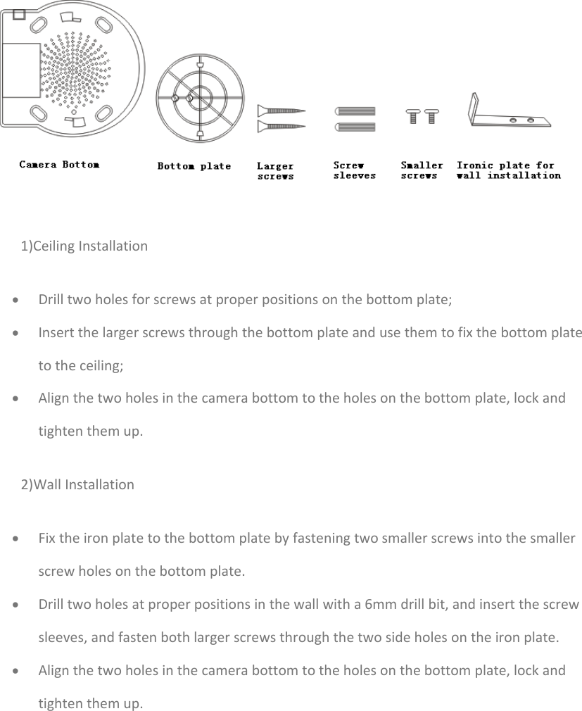 1)CeilingInstallation• Drilltwoholesforscrewsatproperpositionsonthebottomplate;• Insertthelargerscrewsthroughthebottomplateandusethemtofixthebottomplatetotheceiling;• Alignthetwoholesinthecamerabottomtotheholesonthebottomplate,lockandtightenthemup.2)WallInstallation• Fixtheironplatetothebottomplatebyfasteningtwosmallerscrewsintothesmallerscrewholesonthebottomplate.• Drilltwoholesatproperpositionsinthewallwitha6mmdrillbit,andinsertthescrewsleeves,andfastenbothlargerscrewsthroughthetwosideholesontheironplate.• Alignthetwoholesinthecamerabottomtotheholesonthebottomplate,lockandtightenthemup.