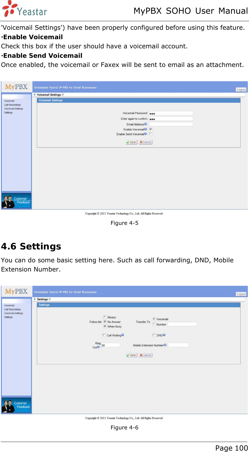 MyPBX SOHO User Manual www.yeastar.com                                          Page 100  &apos;Voicemail Settings&apos;) have been properly configured before using this feature. ·Enable Voicemail Check this box if the user should have a voicemail account. ·Enable Send Voicemail Once enabled, the voicemail or Faxex will be sent to email as an attachment.   Figure 4-5  4.6 Settings You can do some basic setting here. Such as call forwarding, DND, Mobile Extension Number.   Figure 4-6 