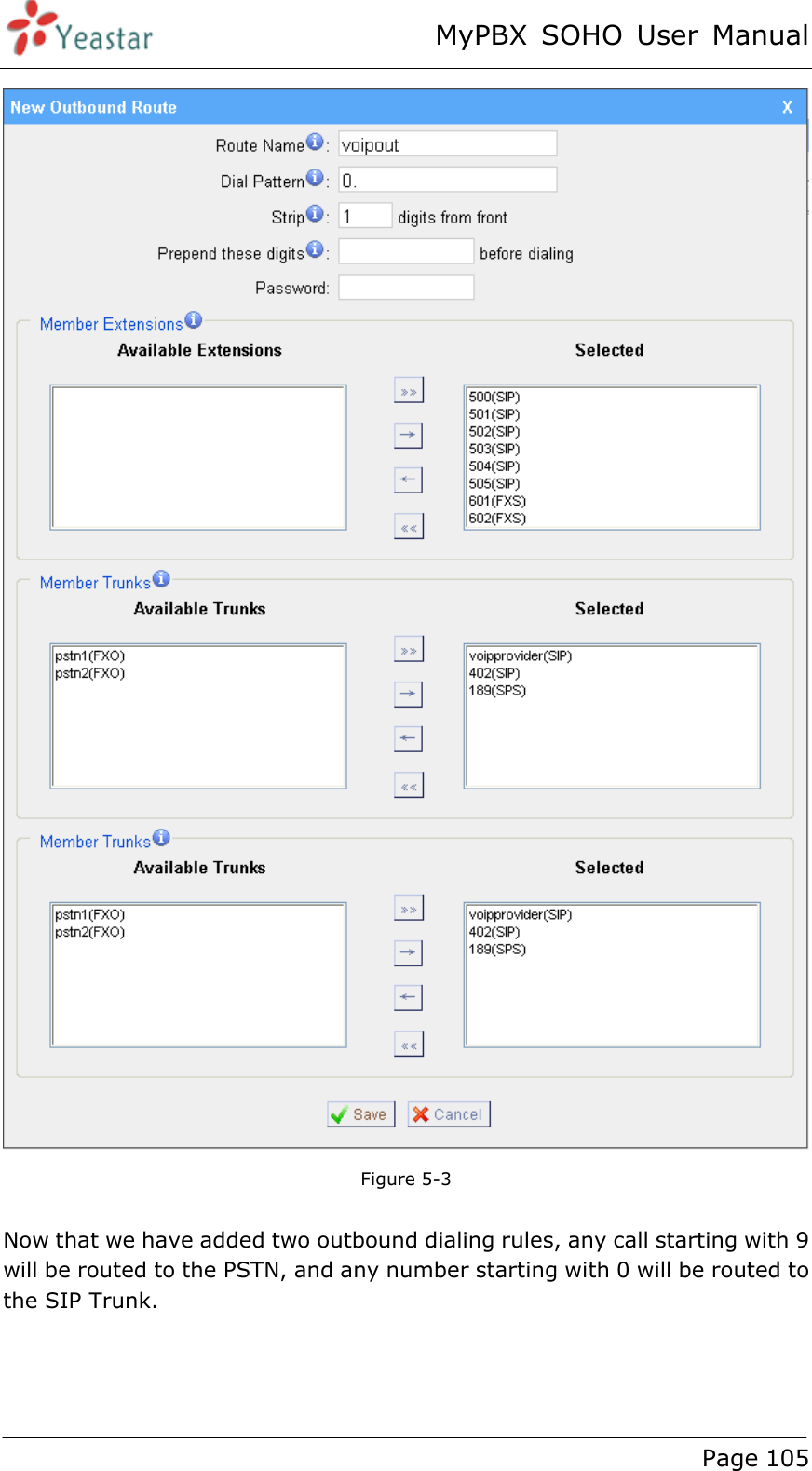 MyPBX SOHO User Manual www.yeastar.com                                          Page 105   Figure 5-3  Now that we have added two outbound dialing rules, any call starting with 9 will be routed to the PSTN, and any number starting with 0 will be routed to the SIP Trunk. 