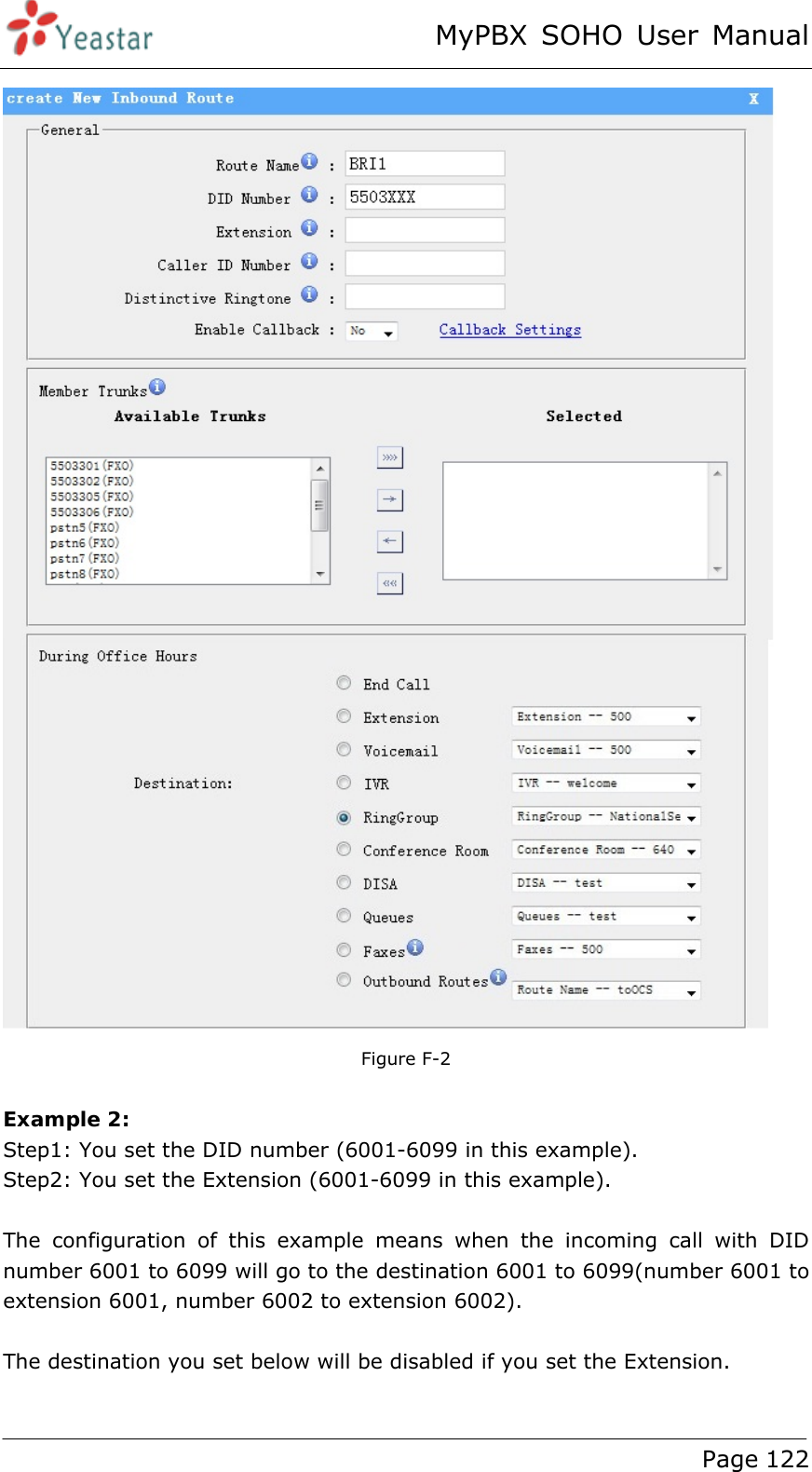 MyPBX SOHO User Manual www.yeastar.com                                          Page 122   Figure F-2  Example 2:  Step1: You set the DID number (6001-6099 in this example).   Step2: You set the Extension (6001-6099 in this example).  The configuration of this example means when the incoming call with DID number 6001 to 6099 will go to the destination 6001 to 6099(number 6001 to extension 6001, number 6002 to extension 6002).  The destination you set below will be disabled if you set the Extension.  