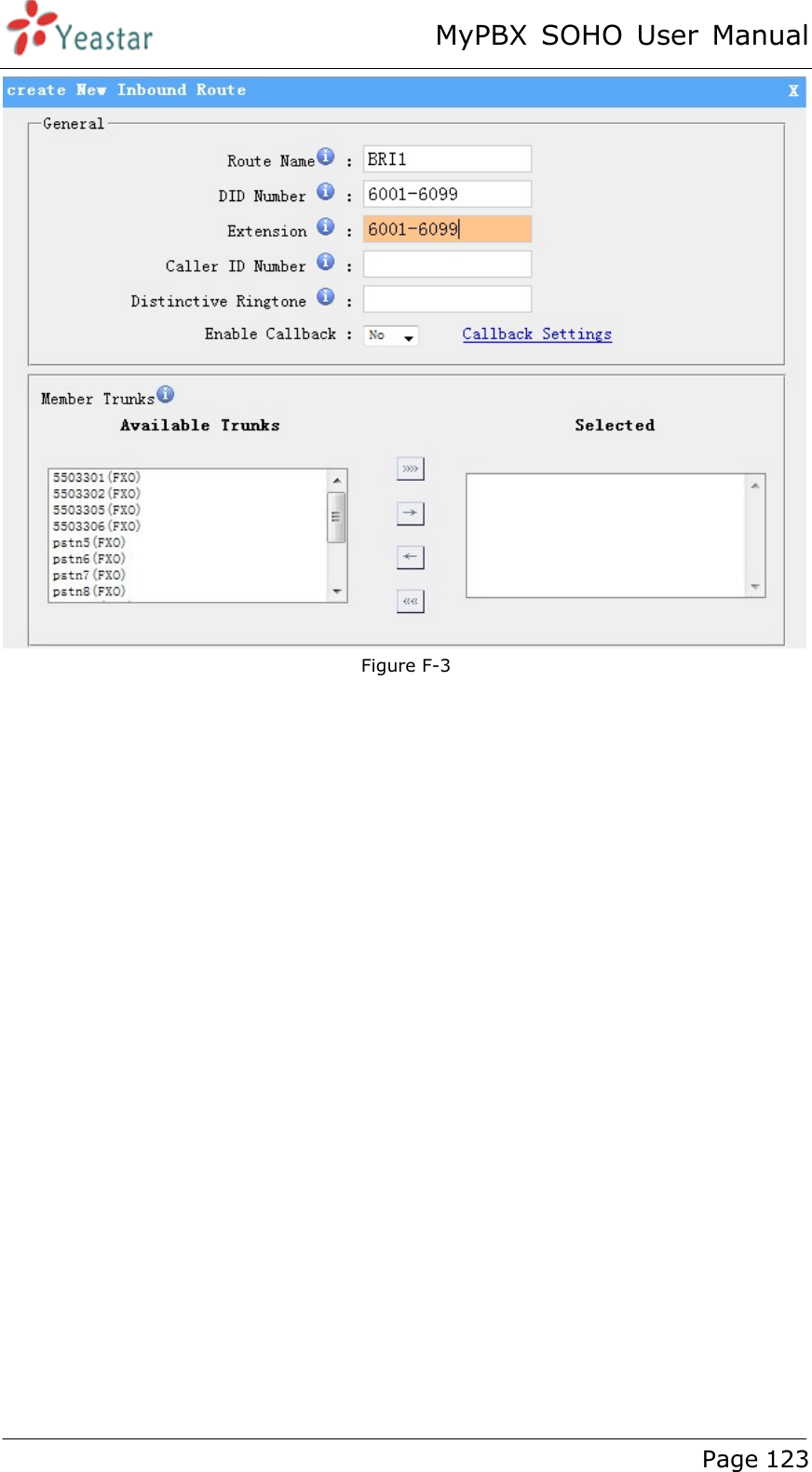 MyPBX SOHO User Manual www.yeastar.com                                          Page 123   Figure F-3 