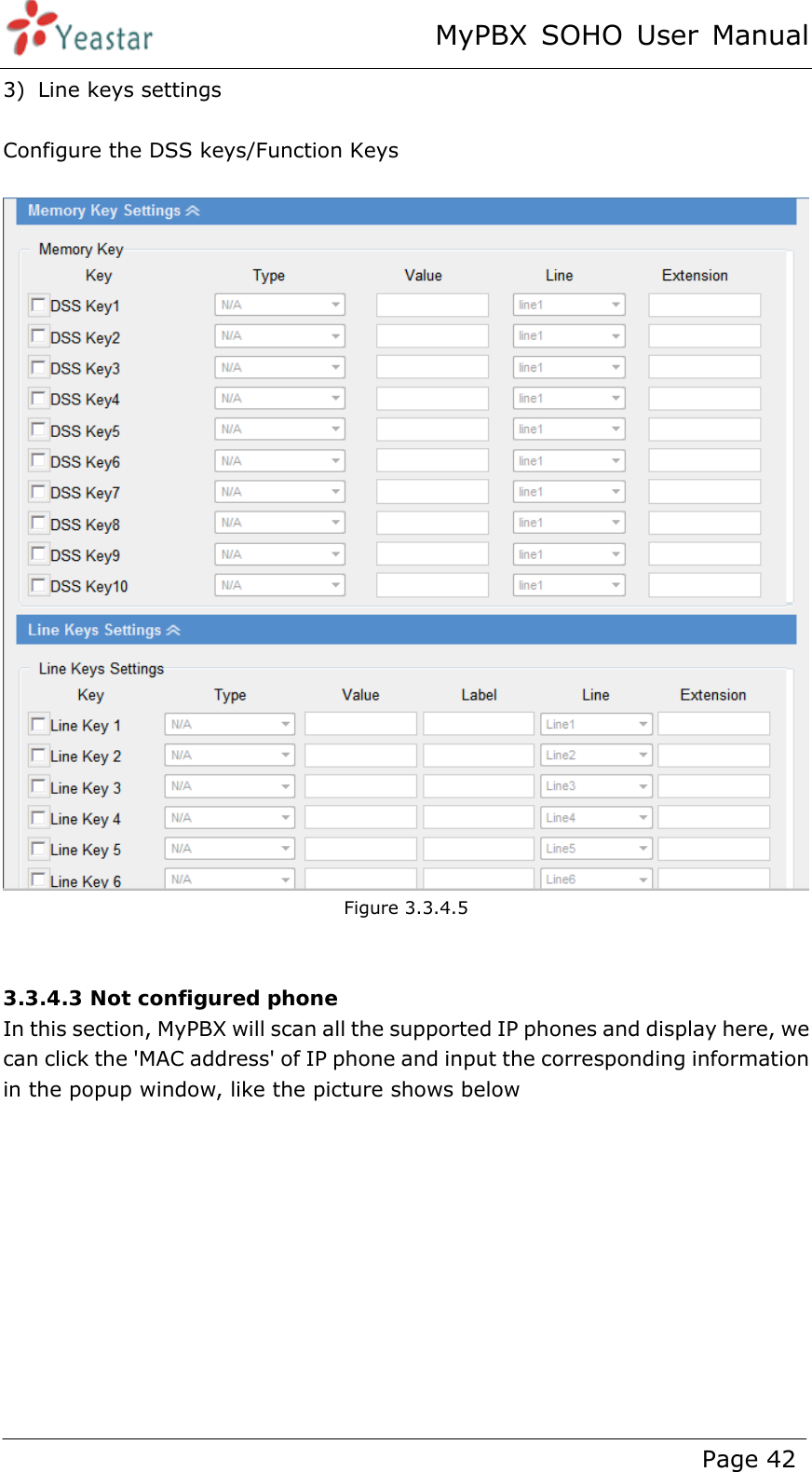 MyPBX SOHO User Manual www.yeastar.com                                          Page 42  3) Line keys settings  Configure the DSS keys/Function Keys     Figure 3.3.4.5   3.3.4.3 Not configured phone In this section, MyPBX will scan all the supported IP phones and display here, we can click the &apos;MAC address&apos; of IP phone and input the corresponding information in the popup window, like the picture shows below 