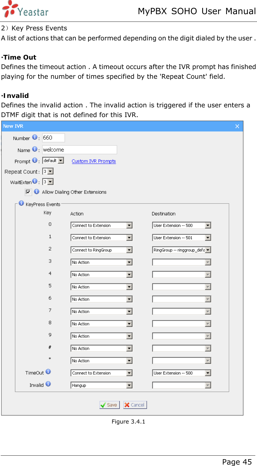 MyPBX SOHO User Manual www.yeastar.com                                          Page 45  2）Key Press Events A list of actions that can be performed depending on the digit dialed by the user .  ·Time Out Defines the timeout action . A timeout occurs after the IVR prompt has finished playing for the number of times specified by the &apos;Repeat Count&apos; field.  ·Invalid Defines the invalid action . The invalid action is triggered if the user enters a   DTMF digit that is not defined for this IVR.  Figure 3.4.1   