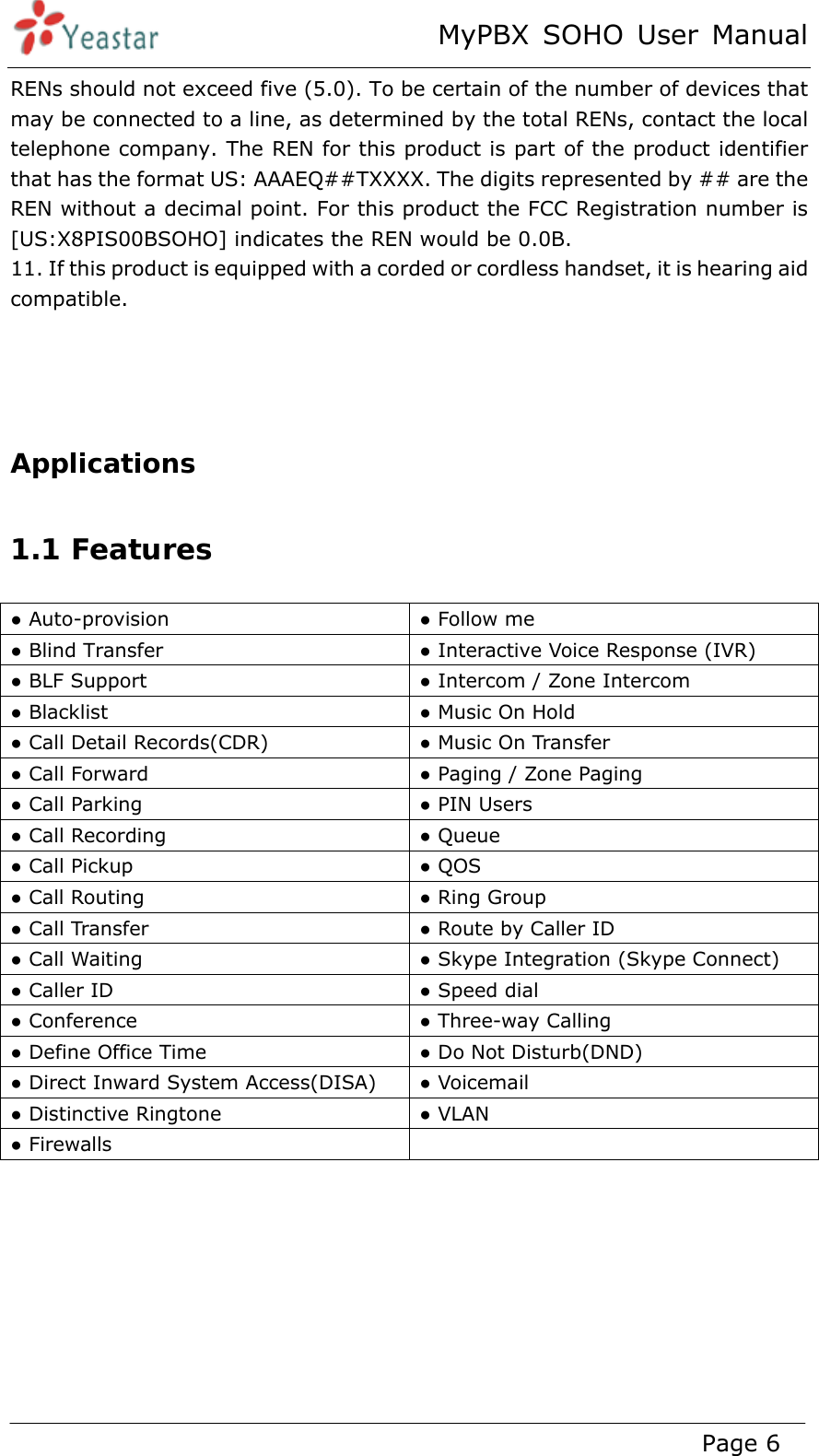 MyPBX SOHO User Manual www.yeastar.com                                          Page 6  RENs should not exceed five (5.0). To be certain of the number of devices that may be connected to a line, as determined by the total RENs, contact the local telephone company. The REN for this product is part of the product identifier that has the format US: AAAEQ##TXXXX. The digits represented by ## are the REN without a decimal point. For this product the FCC Registration number is [US:X8PIS00BSOHO] indicates the REN would be 0.0B. 11. If this product is equipped with a corded or cordless handset, it is hearing aid compatible.     Applications 1.1 Features ● Auto-provision  ● Follow me ● Blind Transfer  ● Interactive Voice Response (IVR) ● BLF Support  ● Intercom / Zone Intercom ● Blacklist  ● Music On Hold ● Call Detail Records(CDR)  ● Music On Transfer ● Call Forward  ● Paging / Zone Paging ● Call Parking  ● PIN Users ● Call Recording  ● Queue ● Call Pickup  ● QOS ● Call Routing  ● Ring Group ● Call Transfer  ● Route by Caller ID ● Call Waiting  ● Skype Integration (Skype Connect) ● Caller ID  ● Speed dial ● Conference  ● Three-way Calling ● Define Office Time  ● Do Not Disturb(DND) ● Direct Inward System Access(DISA)  ● Voicemail ● Distinctive Ringtone  ● VLAN ● Firewalls      