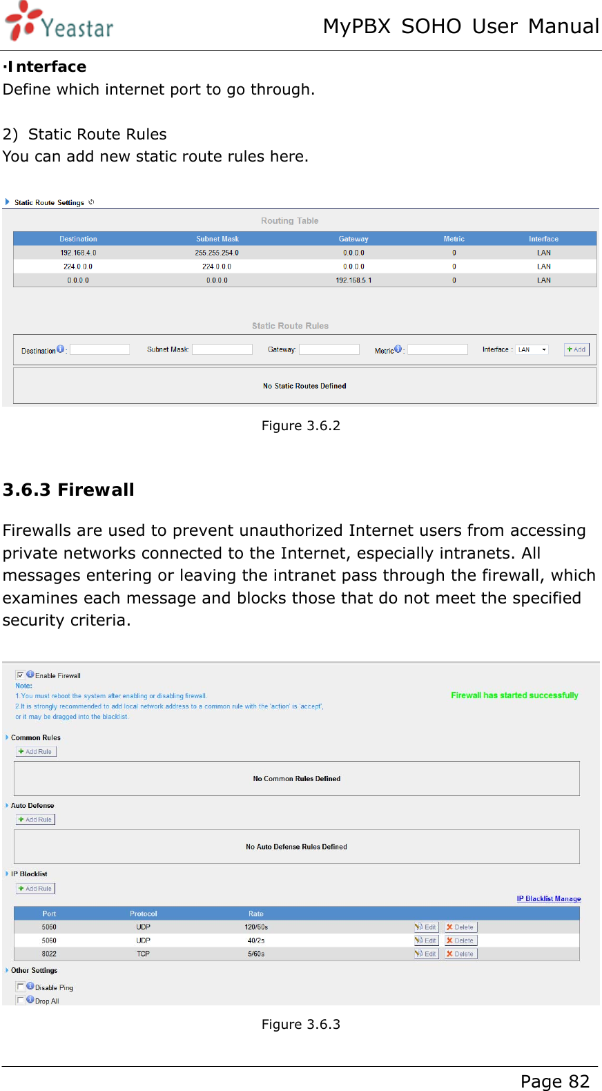 MyPBX SOHO User Manual www.yeastar.com                                          Page 82  ·Interface Define which internet port to go through.  2) Static Route Rules You can add new static route rules here.   Figure 3.6.2  3.6.3 Firewall Firewalls are used to prevent unauthorized Internet users from accessing private networks connected to the Internet, especially intranets. All messages entering or leaving the intranet pass through the firewall, which examines each message and blocks those that do not meet the specified security criteria.   Figure 3.6.3  