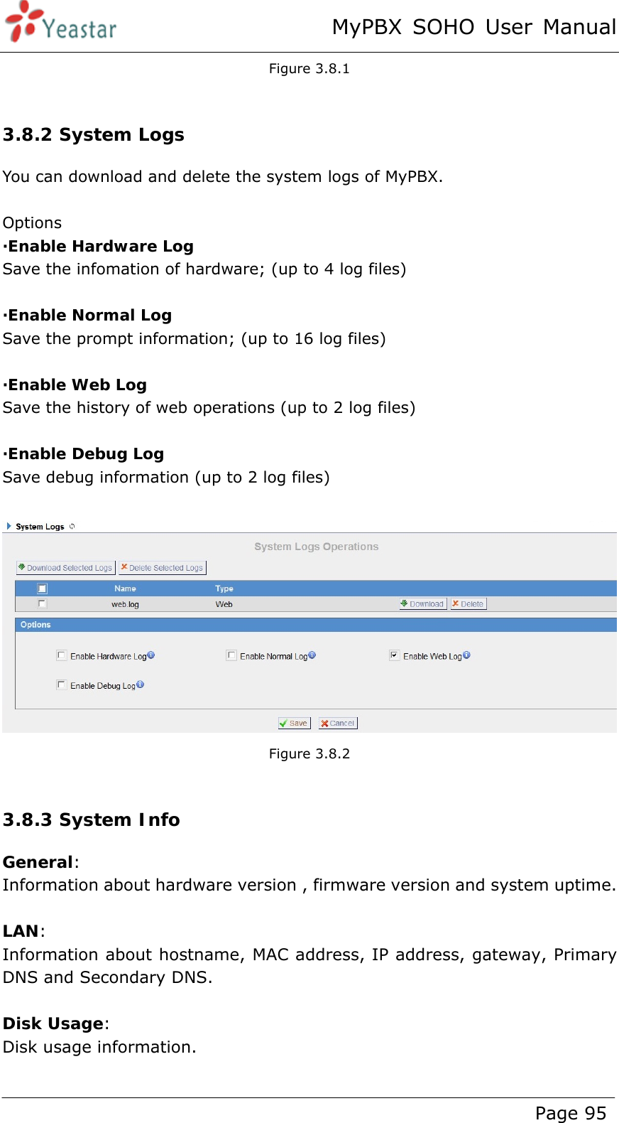 MyPBX SOHO User Manual www.yeastar.com                                          Page 95  Figure 3.8.1  3.8.2 System Logs You can download and delete the system logs of MyPBX.  Options ·Enable Hardware Log Save the infomation of hardware; (up to 4 log files)  ·Enable Normal Log Save the prompt information; (up to 16 log files)  ·Enable Web Log Save the history of web operations (up to 2 log files)  ·Enable Debug Log Save debug information (up to 2 log files)   Figure 3.8.2  3.8.3 System Info General: Information about hardware version , firmware version and system uptime.  LAN: Information about hostname, MAC address, IP address, gateway, Primary DNS and Secondary DNS.  Disk Usage: Disk usage information.  