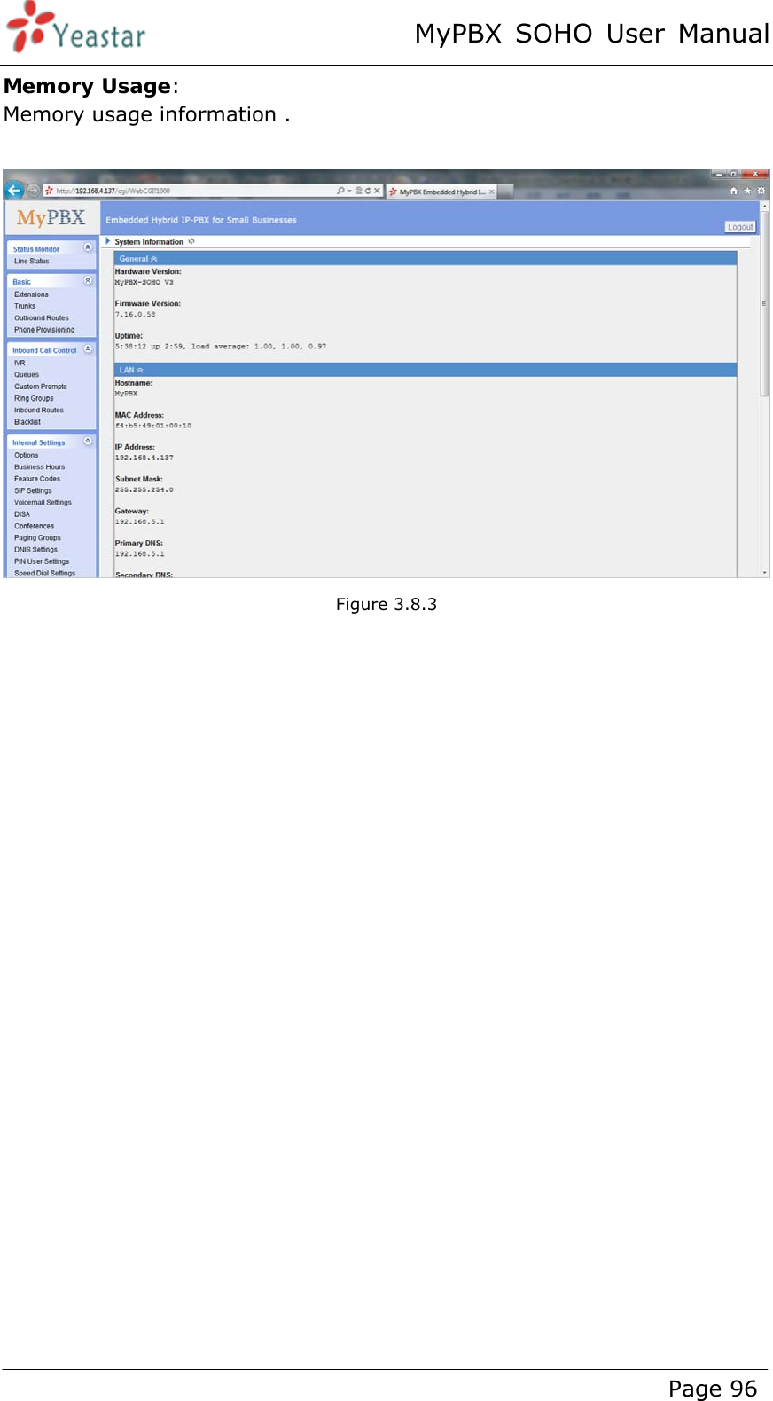 MyPBX SOHO User Manual www.yeastar.com                                          Page 96  Memory Usage: Memory usage information .   Figure 3.8.3 