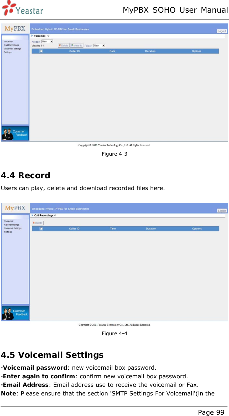 MyPBX SOHO User Manual www.yeastar.com                                          Page 99   Figure 4-3  4.4 Record Users can play, delete and download recorded files here.   Figure 4-4  4.5 Voicemail Settings ·Voicemail password: new voicemail box password. ·Enter again to confirm: confirm new voicemail box password. ·Email Address: Email address use to receive the voicemail or Fax. Note: Please ensure that the section &apos;SMTP Settings For Voicemail&apos;(in the 