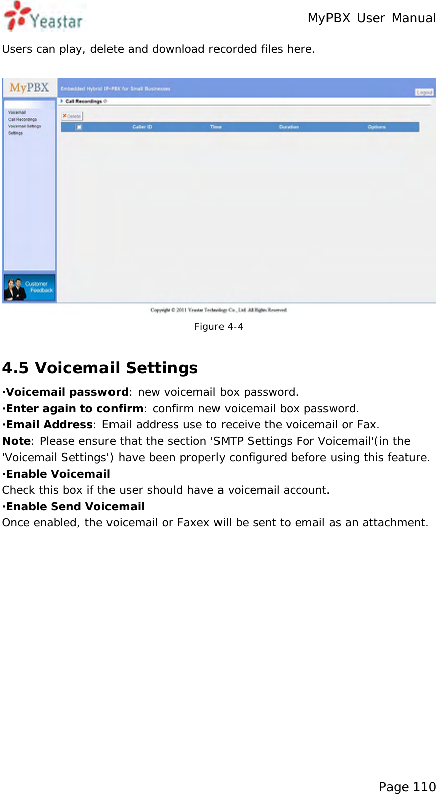 MyPBX User Manual www.yeastar.com                                          Page 110  Users can play, delete and download recorded files here.   Figure 4-4  4.5 Voicemail Settings ·Voicemail password: new voicemail box password. ·Enter again to confirm: confirm new voicemail box password. ·Email Address: Email address use to receive the voicemail or Fax. Note: Please ensure that the section &apos;SMTP Settings For Voicemail&apos;(in the &apos;Voicemail Settings&apos;) have been properly configured before using this feature. ·Enable Voicemail Check this box if the user should have a voicemail account. ·Enable Send Voicemail Once enabled, the voicemail or Faxex will be sent to email as an attachment.  