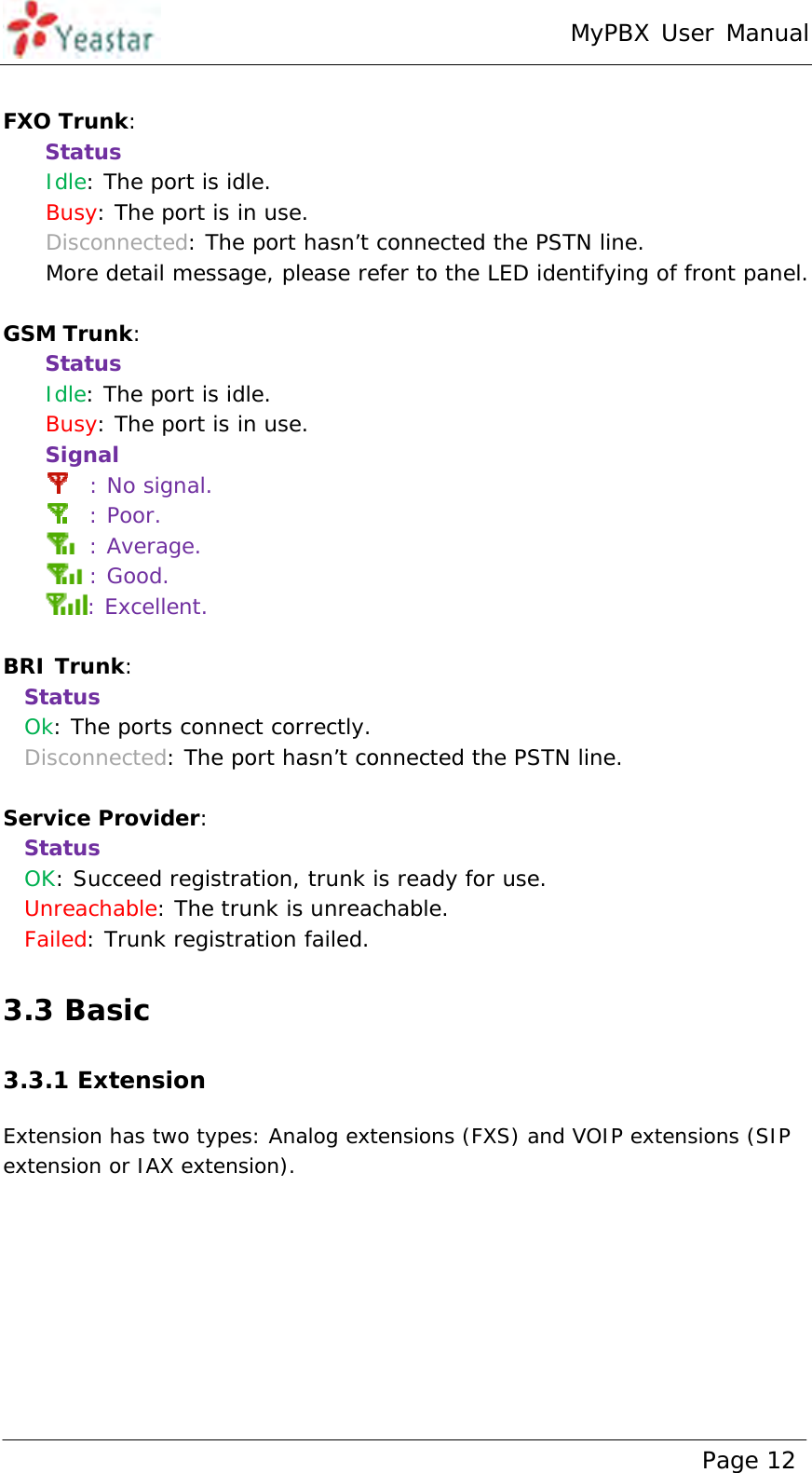 MyPBX User Manual www.yeastar.com                                          Page 12   FXO Trunk: Status Idle: The port is idle.   Busy: The port is in use.   Disconnected: The port hasn’t connected the PSTN line. More detail message, please refer to the LED identifying of front panel.   GSM Trunk: Status   Idle: The port is idle.   Busy: The port is in use. Signal    : No signal. : Poor. : Average. : Good. : Excellent.  BRI Trunk:  Status   Ok: The ports connect correctly.  Disconnected: The port hasn’t connected the PSTN line.  Service Provider:  Status   OK: Succeed registration, trunk is ready for use.    Unreachable: The trunk is unreachable.   Failed: Trunk registration failed. 3.3 Basic 3.3.1 Extension Extension has two types: Analog extensions (FXS) and VOIP extensions (SIP extension or IAX extension). 