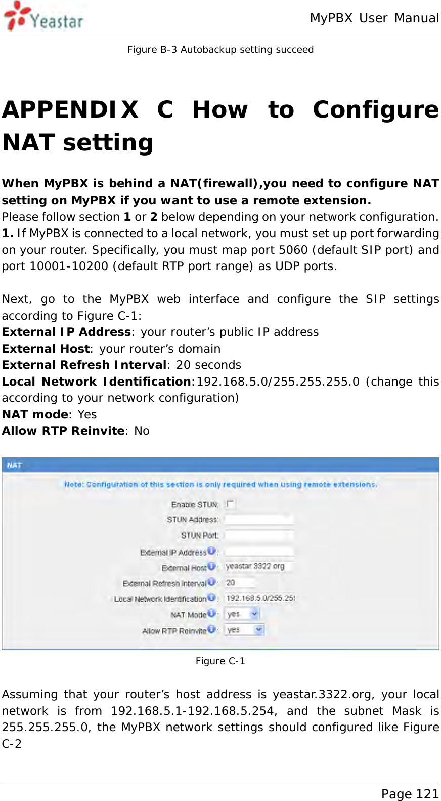 MyPBX User Manual www.yeastar.com                                          Page 121  Figure B-3 Autobackup setting succeed  APPENDIX C How to Configure NAT setting When MyPBX is behind a NAT(firewall),you need to configure NAT setting on MyPBX if you want to use a remote extension.  Please follow section 1 or 2 below depending on your network configuration. 1. If MyPBX is connected to a local network, you must set up port forwarding on your router. Specifically, you must map port 5060 (default SIP port) and port 10001-10200 (default RTP port range) as UDP ports.  Next, go to the MyPBX web interface and configure the SIP settings according to Figure C-1: External IP Address: your router’s public IP address External Host: your router’s domain External Refresh Interval: 20 seconds Local Network Identification:192.168.5.0/255.255.255.0 (change this according to your network configuration) NAT mode: Yes Allow RTP Reinvite: No   Figure C-1   Assuming that your router’s host address is yeastar.3322.org, your local network is from 192.168.5.1-192.168.5.254, and the subnet Mask is 255.255.255.0, the MyPBX network settings should configured like Figure C-2 