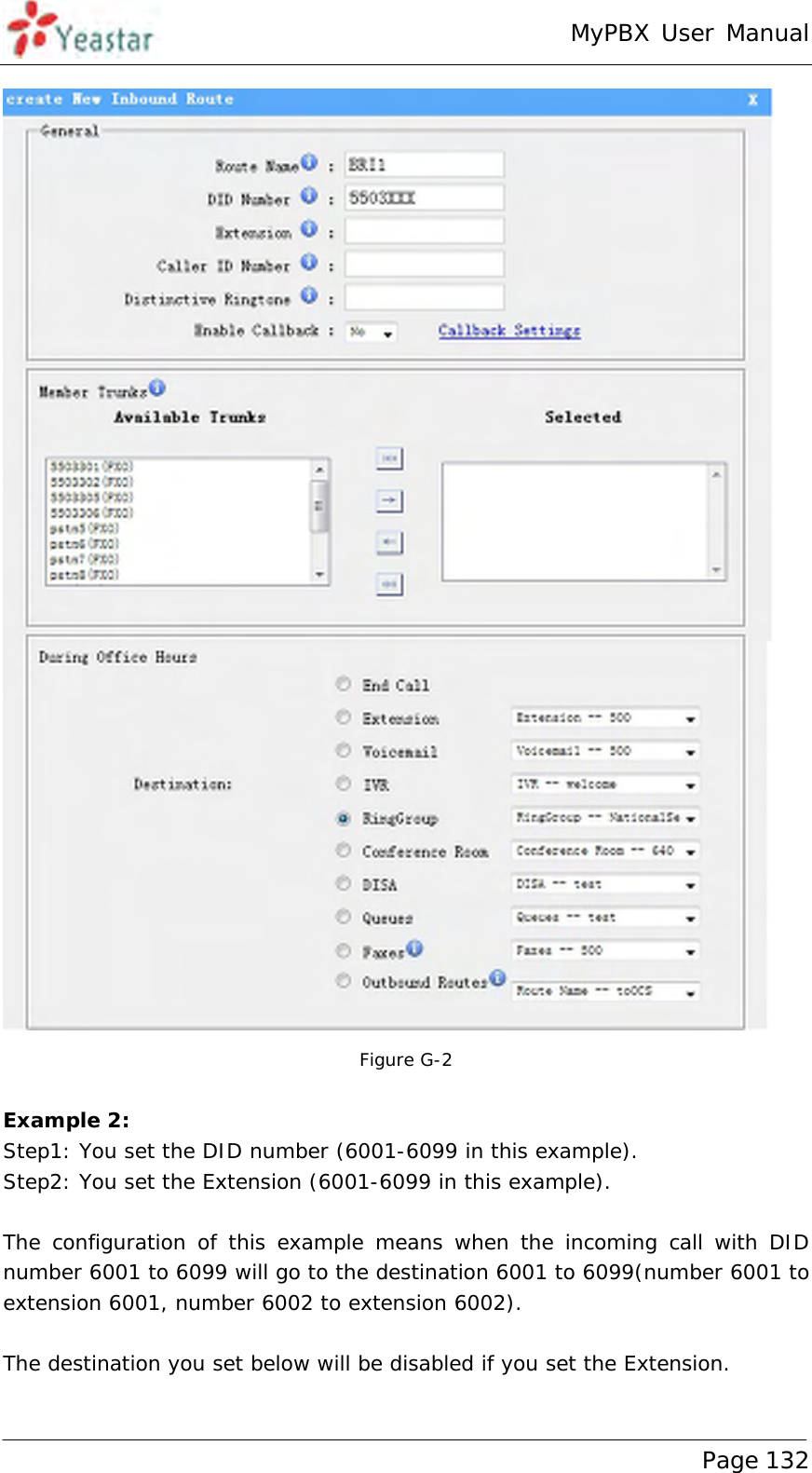 MyPBX User Manual www.yeastar.com                                          Page 132   Figure G-2  Example 2:  Step1: You set the DID number (6001-6099 in this example).  Step2: You set the Extension (6001-6099 in this example).  The configuration of this example means when the incoming call with DID number 6001 to 6099 will go to the destination 6001 to 6099(number 6001 to extension 6001, number 6002 to extension 6002).  The destination you set below will be disabled if you set the Extension.  