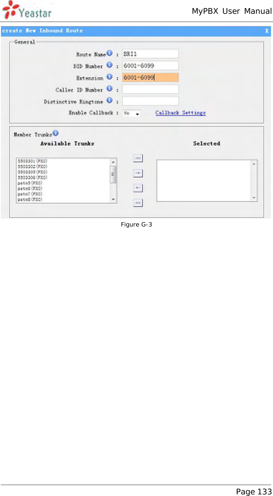 MyPBX User Manual www.yeastar.com                                          Page 133   Figure G-3 