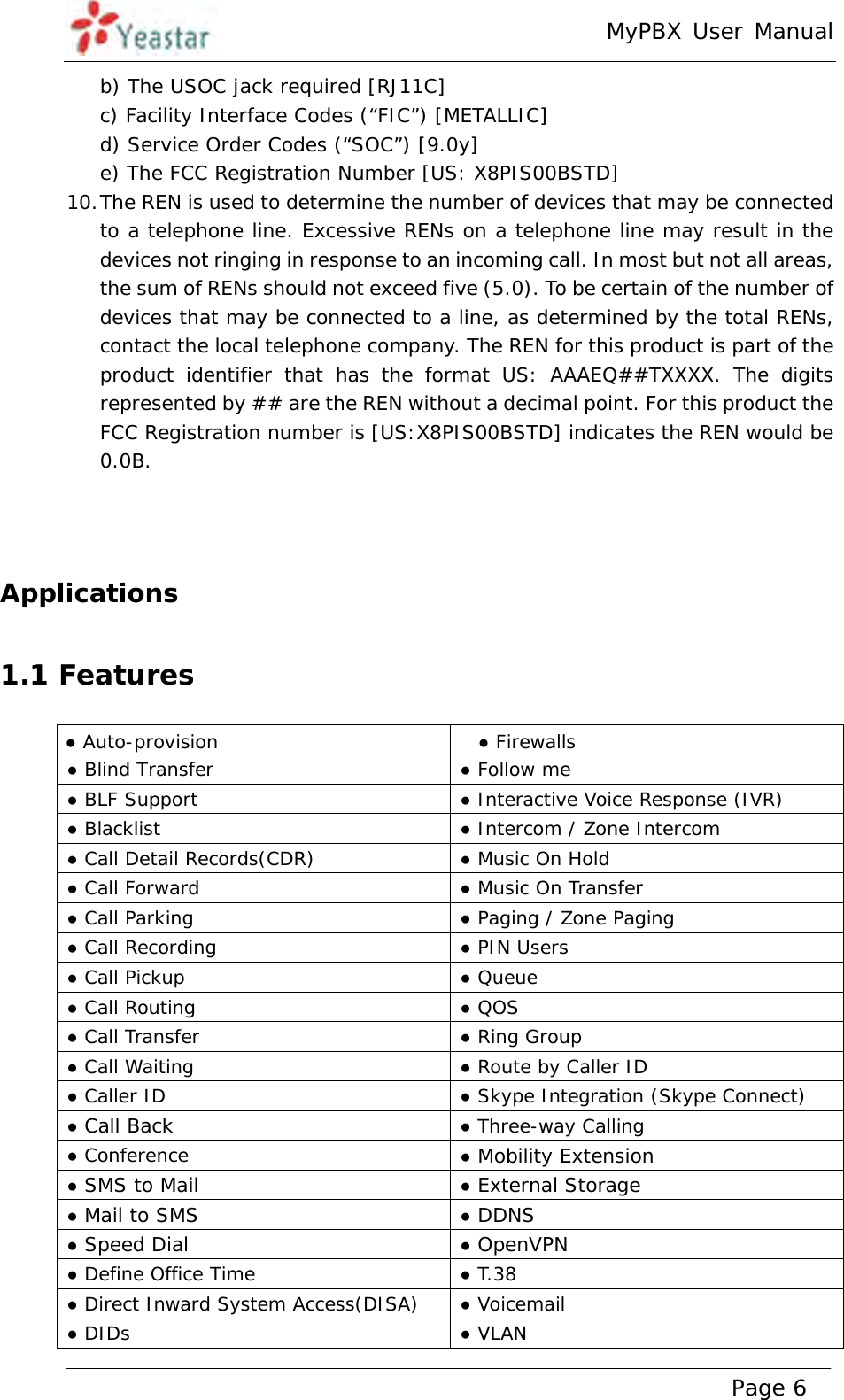 MyPBX User Manual www.yeastar.com                                          Page 6  b) The USOC jack required [RJ11C]  c) Facility Interface Codes (“FIC”) [METALLIC] d) Service Order Codes (“SOC”) [9.0y]  e) The FCC Registration Number [US: X8PIS00BSTD]  10. The REN is used to determine the number of devices that may be connected to a telephone line. Excessive RENs on a telephone line may result in the devices not ringing in response to an incoming call. In most but not all areas, the sum of RENs should not exceed five (5.0). To be certain of the number of devices that may be connected to a line, as determined by the total RENs, contact the local telephone company. The REN for this product is part of the product identifier that has the format US: AAAEQ##TXXXX. The digits represented by ## are the REN without a decimal point. For this product the FCC Registration number is [US:X8PIS00BSTD] indicates the REN would be 0.0B.     Applications 1.1 Features           ● Auto-provision  ● Firewalls ● Blind Transfer  ● Follow me ● BLF Support  ● Interactive Voice Response (IVR) ● Blacklist  ● Intercom / Zone Intercom ● Call Detail Records(CDR)  ● Music On Hold ● Call Forward  ● Music On Transfer ● Call Parking  ● Paging / Zone Paging ● Call Recording  ● PIN Users ● Call Pickup  ● Queue ● Call Routing  ● QOS ● Call Transfer  ● Ring Group ● Call Waiting  ● Route by Caller ID ● Caller ID  ● Skype Integration (Skype Connect) ● Call Back ● Three-way Calling ● Conference  ● Mobility Extension ● SMS to Mail ● External Storage ● Mail to SMS ● DDNS ● Speed Dial ● OpenVPN ● Define Office Time  ● T.38 ● Direct Inward System Access(DISA)  ● Voicemail ● DIDs  ● VLAN 