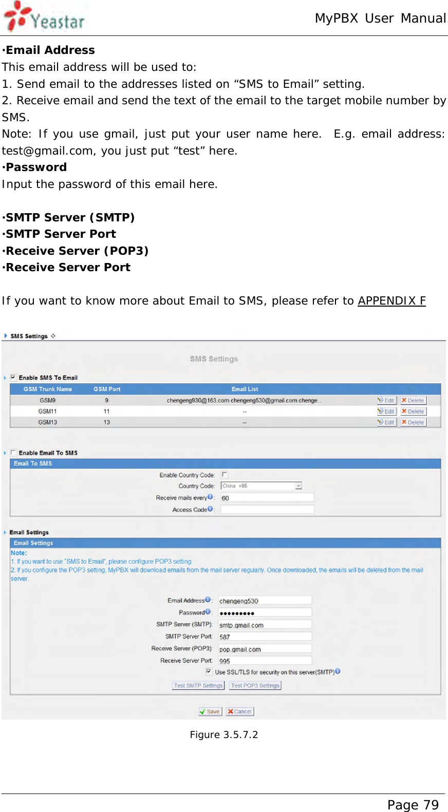 MyPBX User Manual www.yeastar.com                                          Page 79  ·Email Address This email address will be used to: 1. Send email to the addresses listed on “SMS to Email” setting. 2. Receive email and send the text of the email to the target mobile number by SMS. Note: If you use gmail, just put your user name here.  E.g. email address: test@gmail.com, you just put “test” here. ·Password Input the password of this email here.  ·SMTP Server (SMTP)     ·SMTP Server Port    ·Receive Server (POP3)  ·Receive Server Port  If you want to know more about Email to SMS, please refer to APPENDIX F   Figure 3.5.7.2  