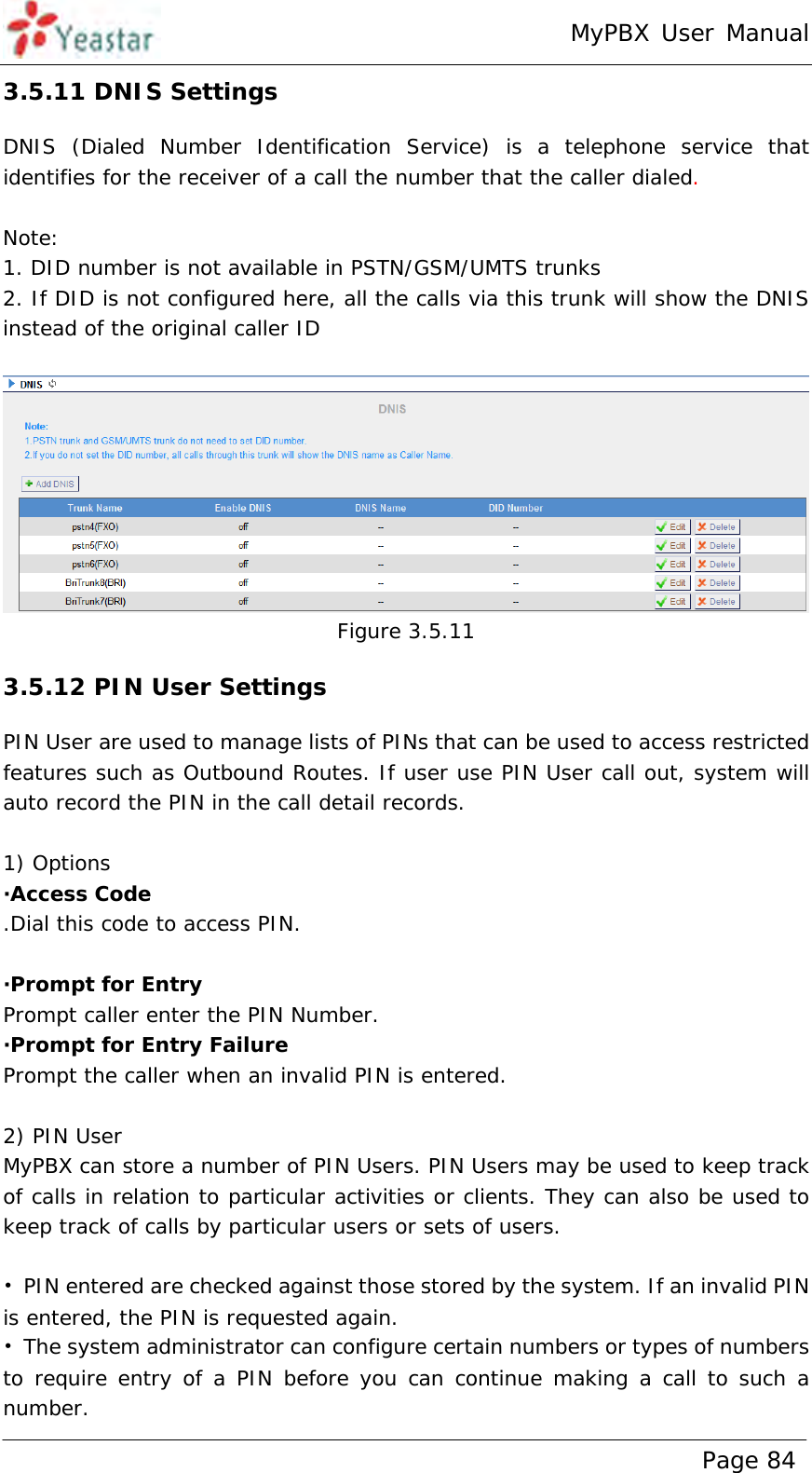 MyPBX User Manual www.yeastar.com                                          Page 84  3.5.11 DNIS Settings DNIS (Dialed Number Identification Service) is a telephone service that identifies for the receiver of a call the number that the caller dialed.  Note: 1. DID number is not available in PSTN/GSM/UMTS trunks 2. If DID is not configured here, all the calls via this trunk will show the DNIS instead of the original caller ID   Figure 3.5.11 3.5.12 PIN User Settings PIN User are used to manage lists of PINs that can be used to access restricted features such as Outbound Routes. If user use PIN User call out, system will auto record the PIN in the call detail records.  1) Options ·Access Code .Dial this code to access PIN.  ·Prompt for Entry Prompt caller enter the PIN Number. ·Prompt for Entry Failure Prompt the caller when an invalid PIN is entered.  2) PIN User MyPBX can store a number of PIN Users. PIN Users may be used to keep track of calls in relation to particular activities or clients. They can also be used to keep track of calls by particular users or sets of users.   • PIN entered are checked against those stored by the system. If an invalid PIN is entered, the PIN is requested again.   • The system administrator can configure certain numbers or types of numbers to require entry of a PIN before you can continue making a call to such a number.   