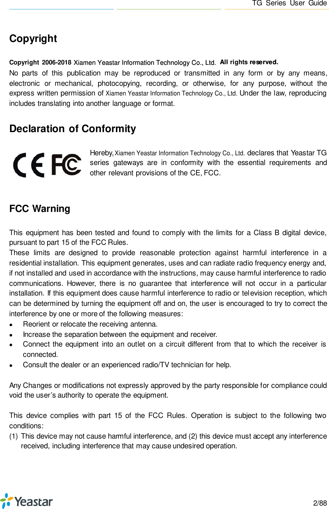 Page 2 of Xiamen Yeastar Information Technology TG200 GSM VoIP Gateway User Manual Yeastar TA400 TA800 User Manual enx