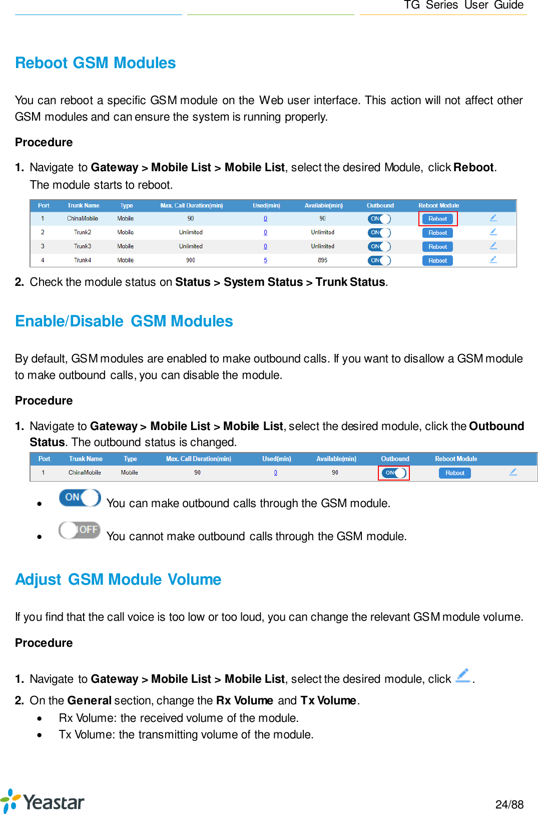 Page 24 of Xiamen Yeastar Information Technology TG200 GSM VoIP Gateway User Manual Yeastar TA400 TA800 User Manual enx