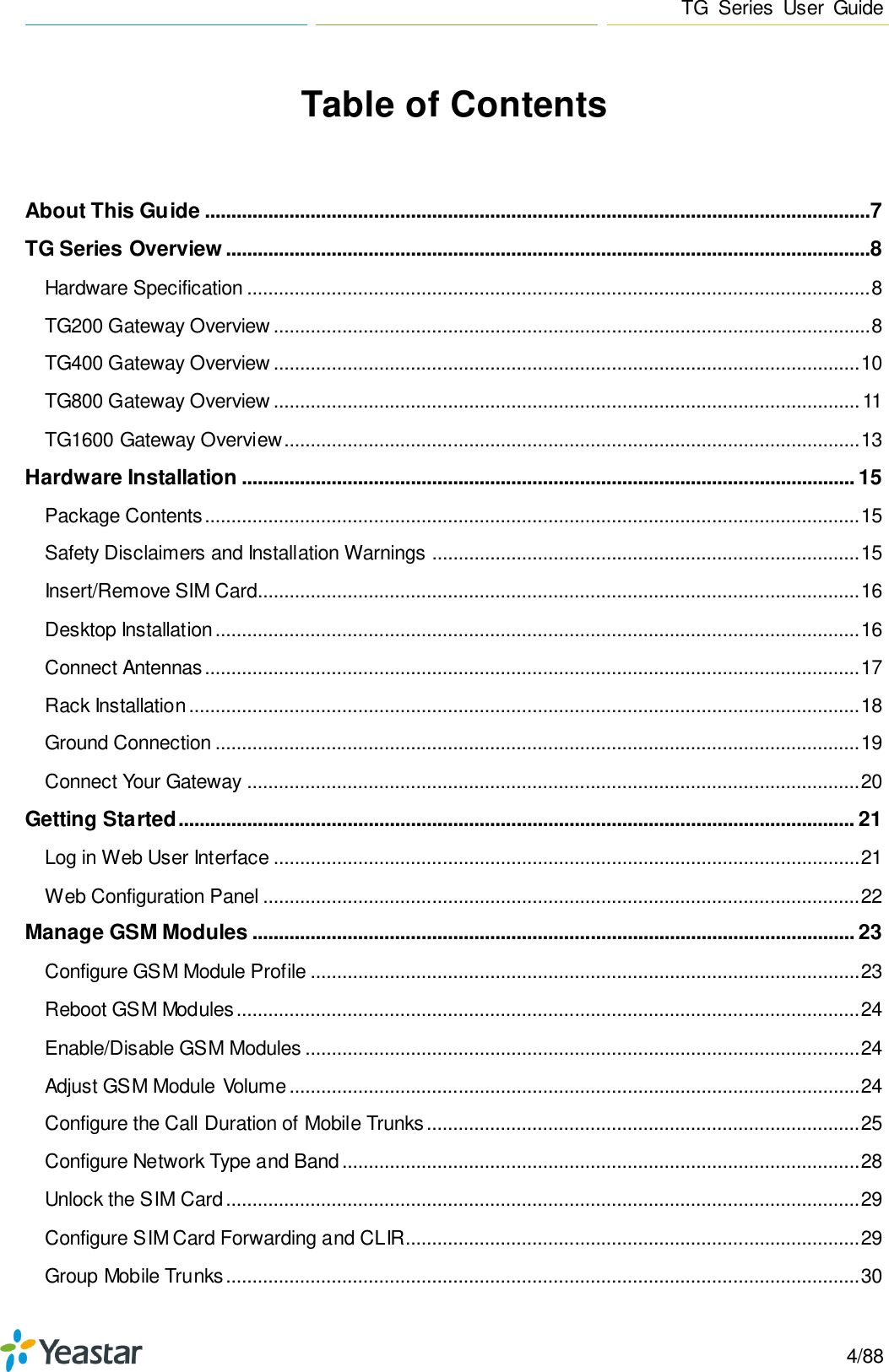 Page 4 of Xiamen Yeastar Information Technology TG200 GSM VoIP Gateway User Manual Yeastar TA400 TA800 User Manual enx