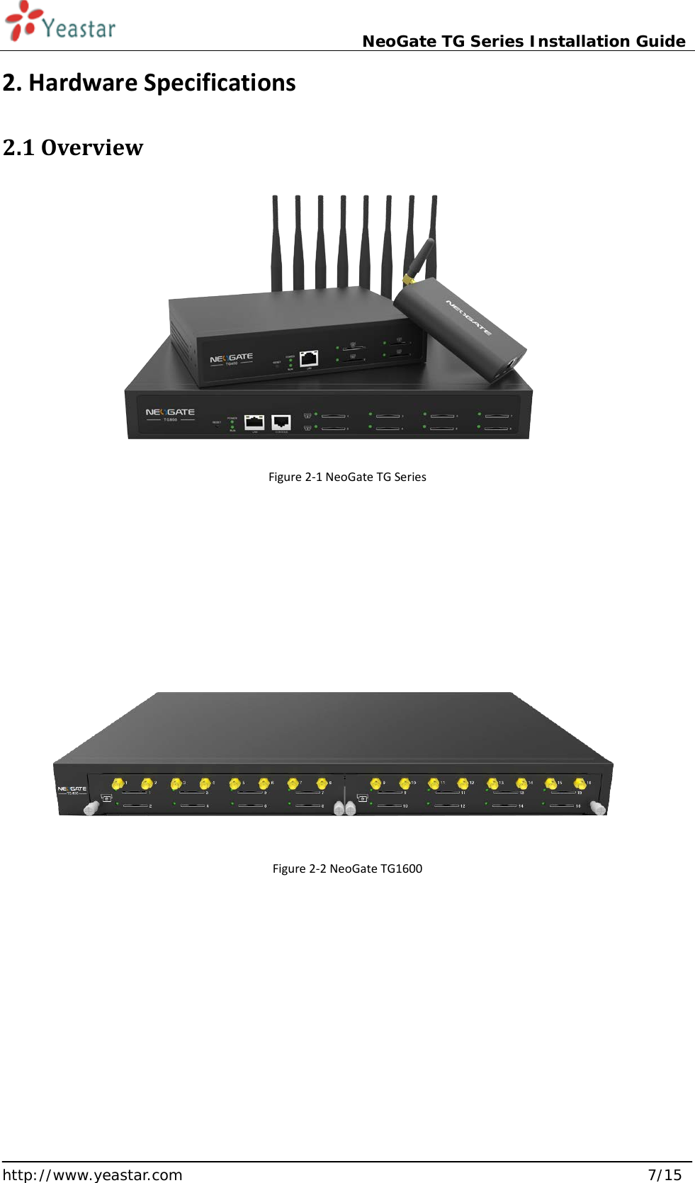                             NeoGate TG Series Installation Guide  http://www.yeastar.com                                                               7/15 2. Hardware Specifications 2.1 Overview             Figure 2-1 NeoGate TG Series                 Figure 2-2 NeoGate TG1600    