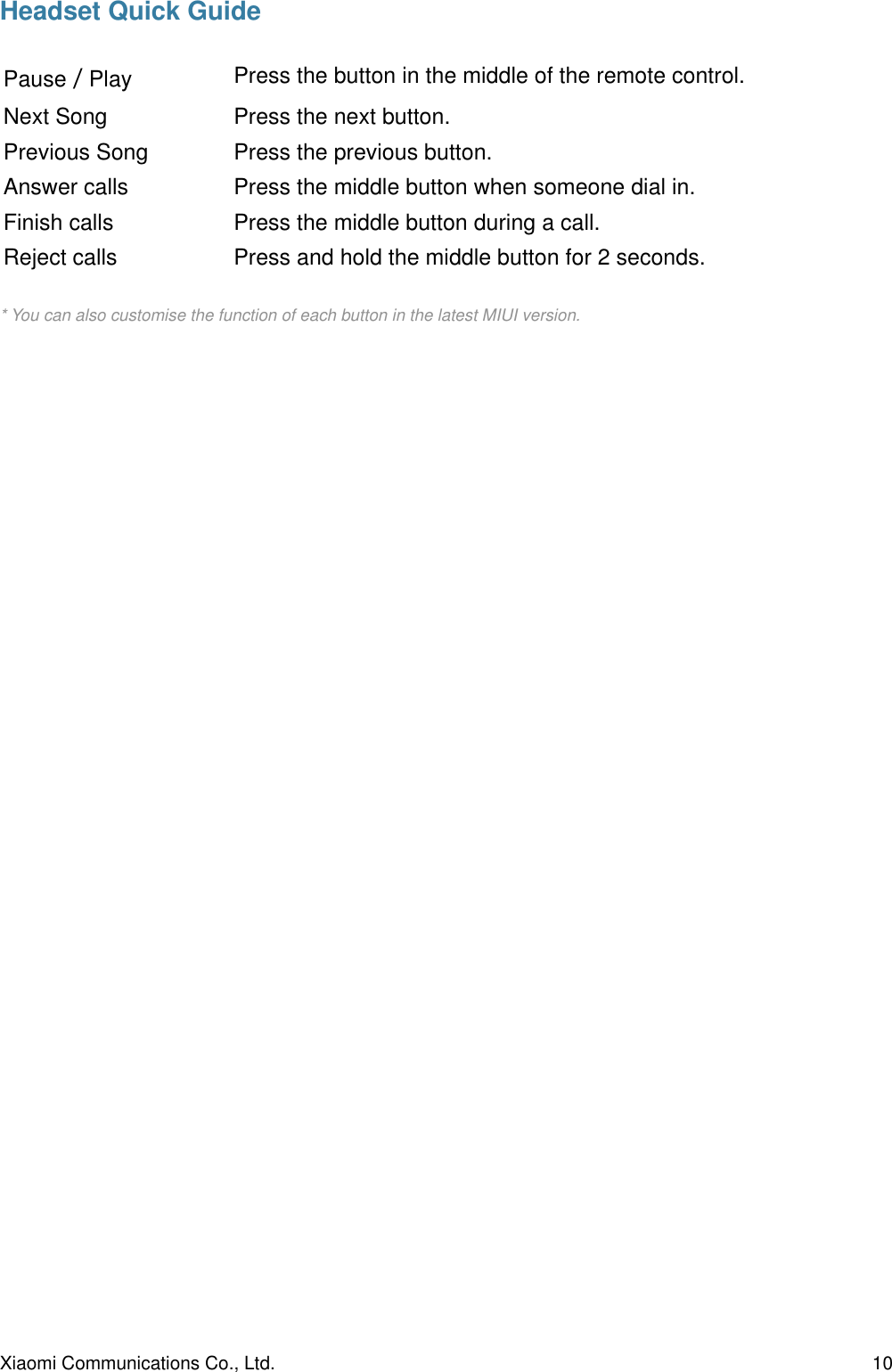 Headset Quick Guide* You can also customise the function of each button in the latest MIUI version.PausePlayPress the button in the middle of the remote control.Next SongPress the next button.Previous SongPress the previous button.Answer callsPress the middle button when someone dial in.Finish callsPress the middle button during a call.Reject callsPress and hold the middle button for 2 seconds.Xiaomi Communications Co., Ltd.  10