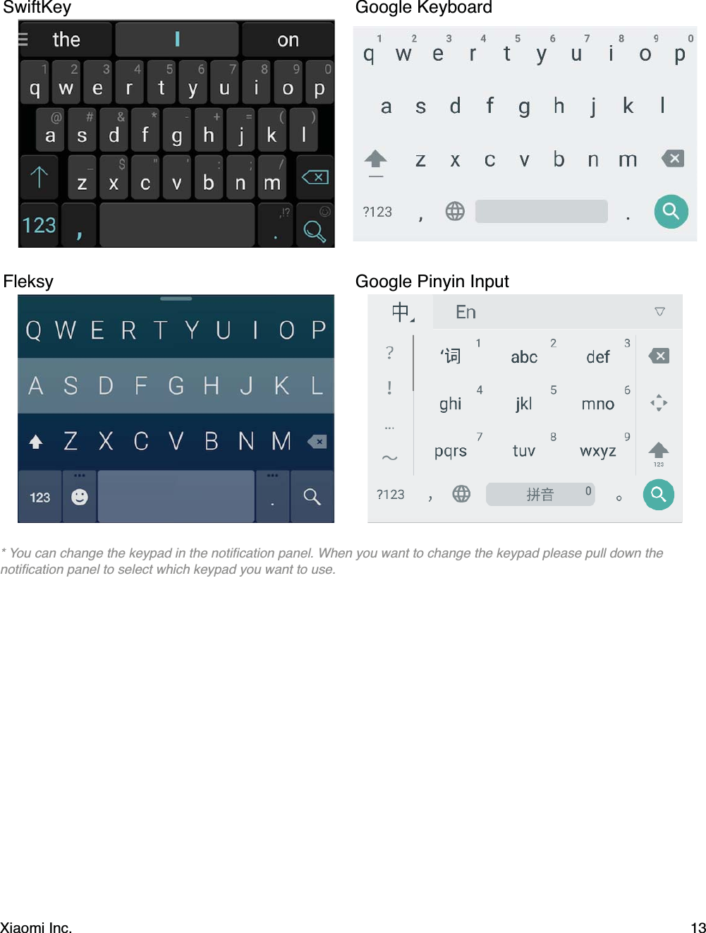 * You can change the keypad in the notiﬁcation panel. When you want to change the keypad please pull down thenotiﬁcation panel to select which keypad you want to use.SwiftKey Google KeyboardFleksy  Google Pinyin InputXiaomi Inc.  13