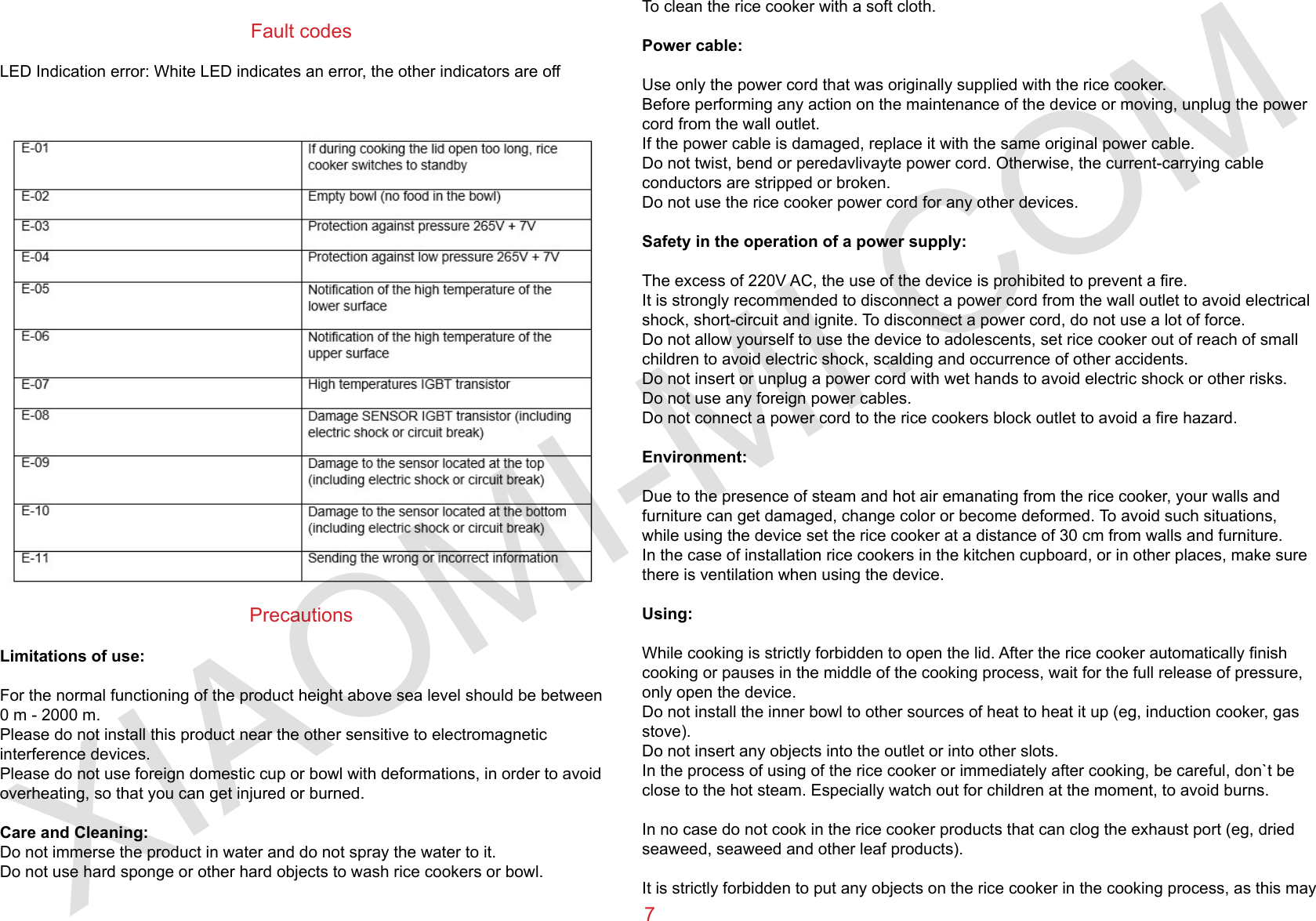 Xiaomi Mi C1 rice cooker 3L 4L 5L english user manual only PDF format NO REFUNDS 