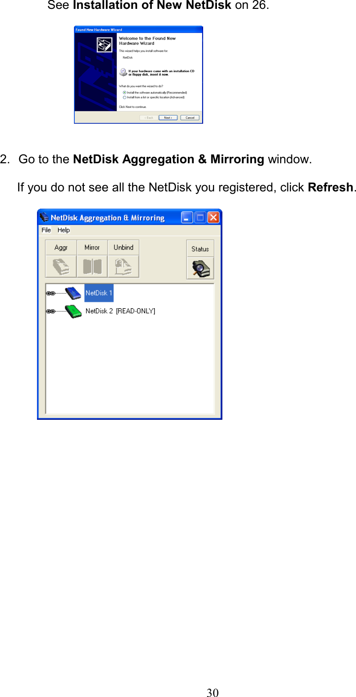    See Installation of New NetDisk on 26.     2.  Go to the NetDisk Aggregation &amp; Mirroring window.  If you do not see all the NetDisk you registered, click Refresh.                      30