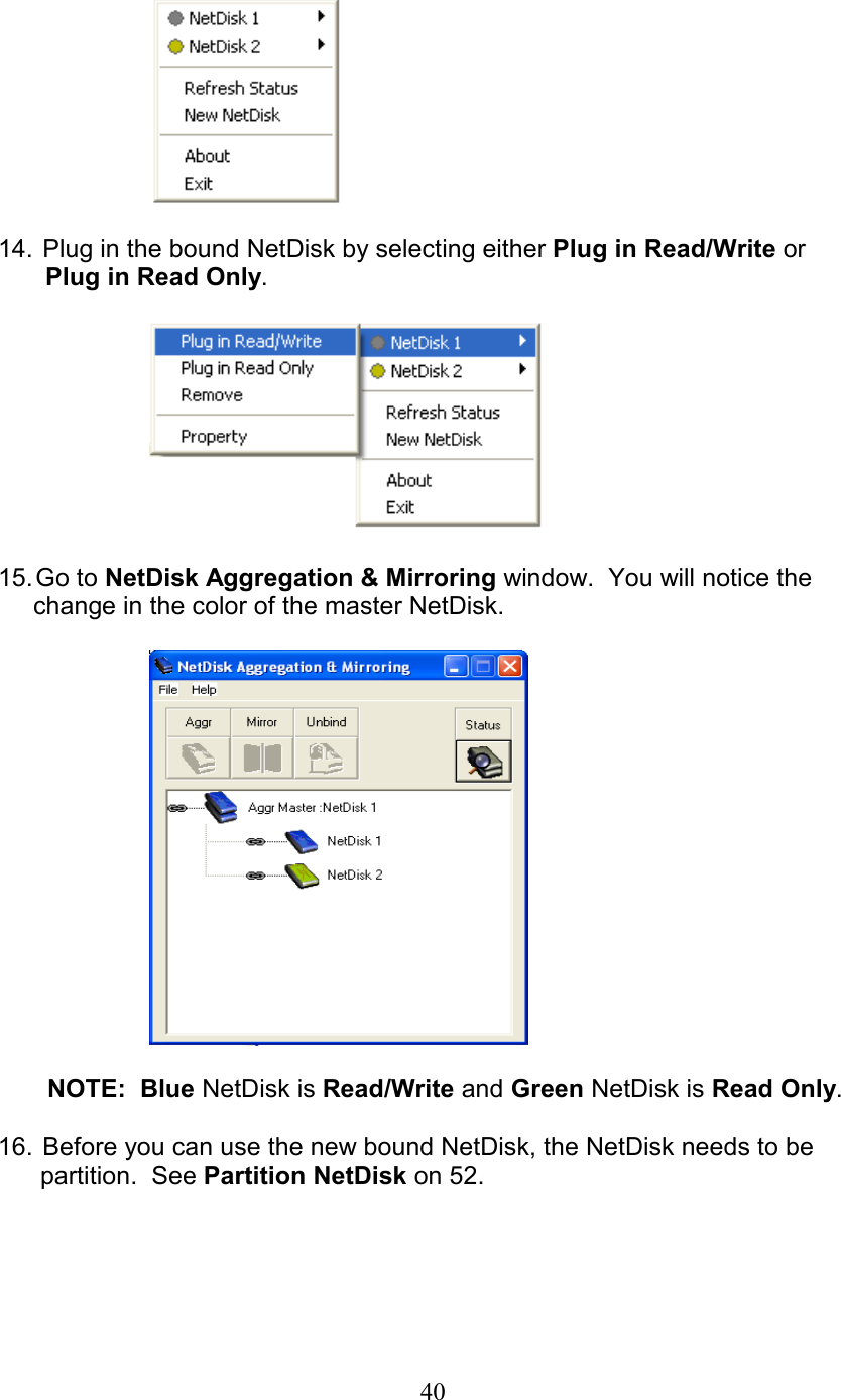    14.  Plug in the bound NetDisk by selecting either Plug in Read/Write or    Plug in Read Only.         15. Go  to  NetDisk Aggregation &amp; Mirroring window.  You will notice the      change in the color of the master NetDisk.             NOTE:  Blue NetDisk is Read/Write and Green NetDisk is Read Only.  16.  Before you can use the new bound NetDisk, the NetDisk needs to be        partition.  See Partition NetDisk on 52.  40