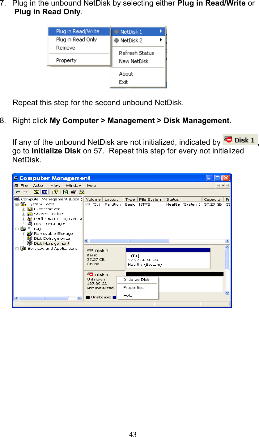 7.  Plug in the unbound NetDisk by selecting either Plug in Read/Write or    Plug in Read Only.             Repeat this step for the second unbound NetDisk.  8. Right click My Computer &gt; Management &gt; Disk Management.  If any of the unbound NetDisk are not initialized, indicated by  , go to Initialize Disk on 57.  Repeat this step for every not initialized NetDisk.                43