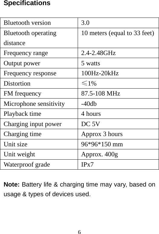   6Specifications  Bluetooth version  3.0 Bluetooth operating distance 10 meters (equal to 33 feet)Frequency range  2.4-2.48GHz Output power  5 watts Frequency response  100Hz-20kHz Distortion  ≤1% FM frequency  87.5-108 MHz Microphone sensitivity  -40db Playback time  4 hours Charging input power  DC 5V Charging time  Approx 3 hours Unit size  96*96*150 mm Unit weight  Approx. 400g Waterproof grade  IPx7  Note: Battery life &amp; charging time may vary, based on usage &amp; types of devices used.   