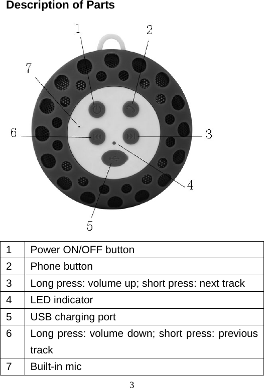   3Description of Parts                            1  Power ON/OFF button 2 Phone button 3  Long press: volume up; short press: next track 4 LED indicator 5  USB charging port 6  Long press: volume down; short press: previous track 7 Built-in mic 