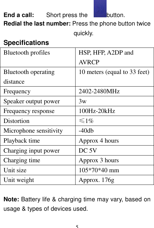   5End a call:    Short press the   button. Redial the last number: Press the phone button twice                        quickly. Specifications Bluetooth profiles  HSP, HFP, A2DP and AVRCP Bluetooth operating distance 10 meters (equal to 33 feet) Frequency  2402-2480MHz Speaker output power  3w Frequency response  100Hz-20kHz Distortion  ≤1% Microphone sensitivity  -40db Playback time  Approx 4 hours Charging input power  DC 5V Charging time  Approx 3 hours Unit size  105*70*40 mm Unit weight  Approx. 176g  Note: Battery life &amp; charging time may vary, based on usage &amp; types of devices used. 