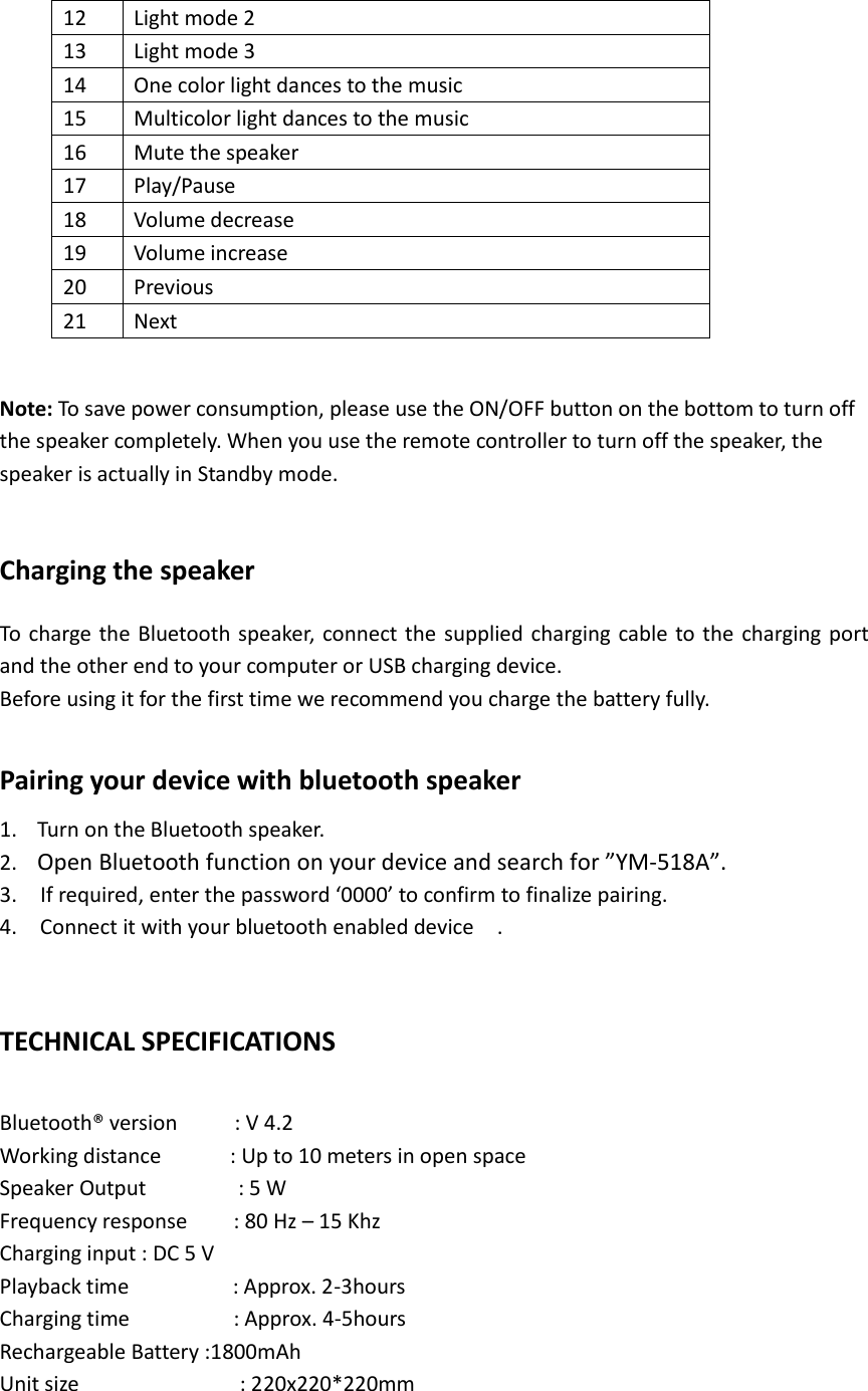 Page 3 of XinHuaMei Electronics BTS518A COLOR CHANGING BLUETOOTH SPEAKER User Manual 