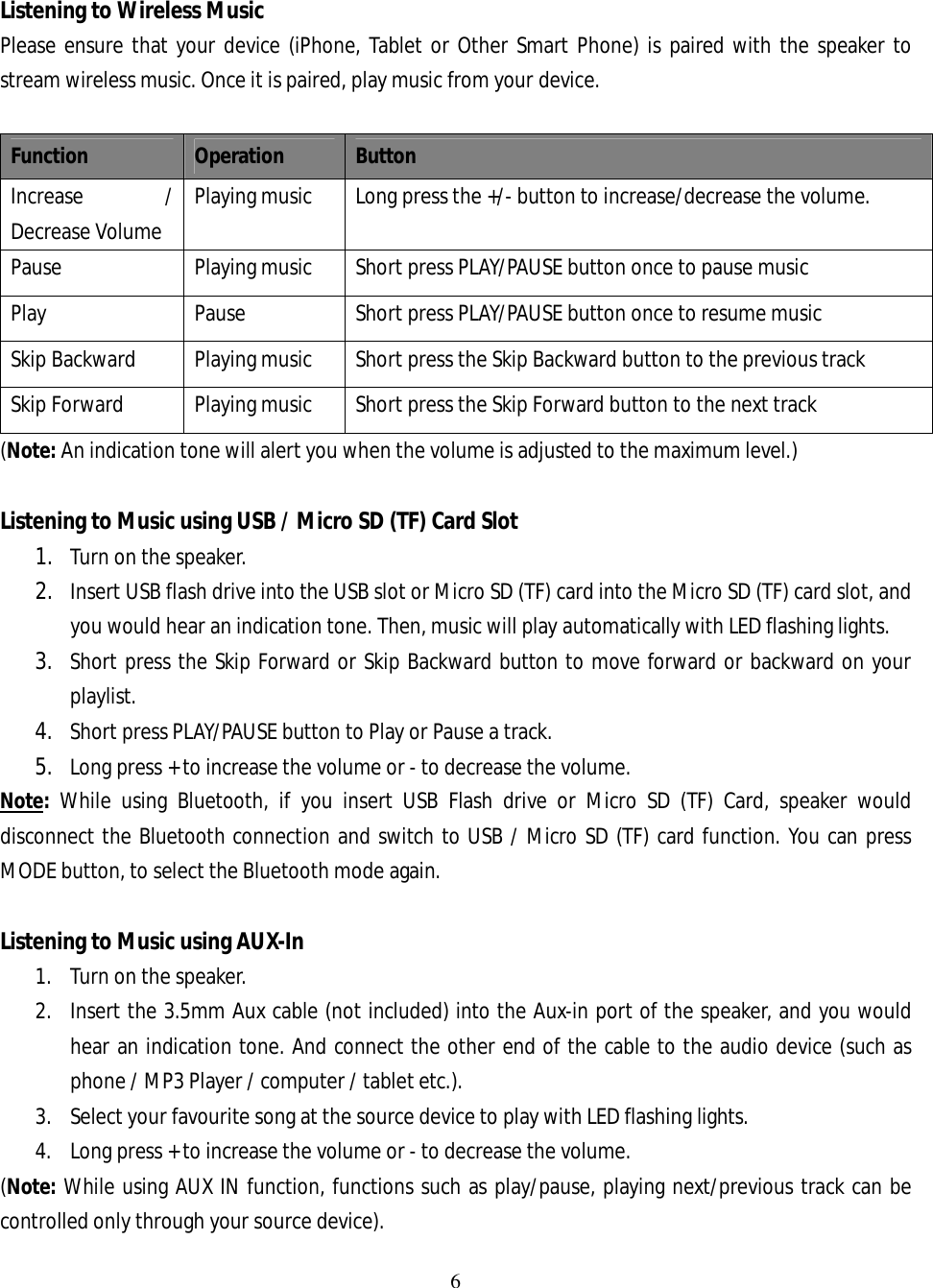 6   Listening to Wireless Music  Please ensure that your device (iPhone, Tablet or Other Smart Phone) is paired with the speaker to stream wireless music. Once it is paired, play music from your device.  Function  Operation  Button Increase / Decrease Volume  Playing music  Long press the +/- button to increase/decrease the volume. Pause  Playing music  Short press PLAY/PAUSE button once to pause music  Play  Pause  Short press PLAY/PAUSE button once to resume music  Skip Backward  Playing music  Short press the Skip Backward button to the previous track  Skip Forward  Playing music  Short press the Skip Forward button to the next track (Note: An indication tone will alert you when the volume is adjusted to the maximum level.)  Listening to Music using USB / Micro SD (TF) Card Slot 1. Turn on the speaker. 2. Insert USB flash drive into the USB slot or Micro SD (TF) card into the Micro SD (TF) card slot, and you would hear an indication tone. Then, music will play automatically with LED flashing lights. 3. Short press the Skip Forward or Skip Backward button to move forward or backward on your playlist. 4. Short press PLAY/PAUSE button to Play or Pause a track. 5. Long press + to increase the volume or - to decrease the volume. Note:  While using Bluetooth, if you insert USB Flash drive or Micro SD (TF) Card, speaker would disconnect the Bluetooth connection and switch to USB / Micro SD (TF) card function. You can press MODE button, to select the Bluetooth mode again.  Listening to Music using AUX-In 1. Turn on the speaker. 2. Insert the 3.5mm Aux cable (not included) into the Aux-in port of the speaker, and you would hear an indication tone. And connect the other end of the cable to the audio device (such as phone / MP3 Player / computer / tablet etc.).  3. Select your favourite song at the source device to play with LED flashing lights. 4. Long press + to increase the volume or - to decrease the volume. (Note: While using AUX IN function, functions such as play/pause, playing next/previous track can be controlled only through your source device).  